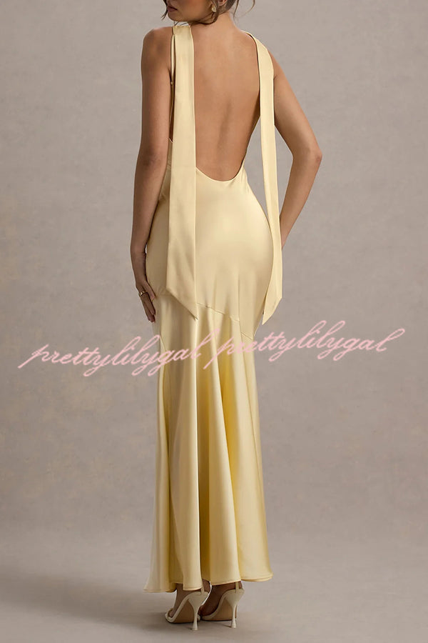Elegant Satin Cowl Neck Maxi Dress with Back Tie Detail - Perfect for Evening Parties, Weddings & Special Occasions