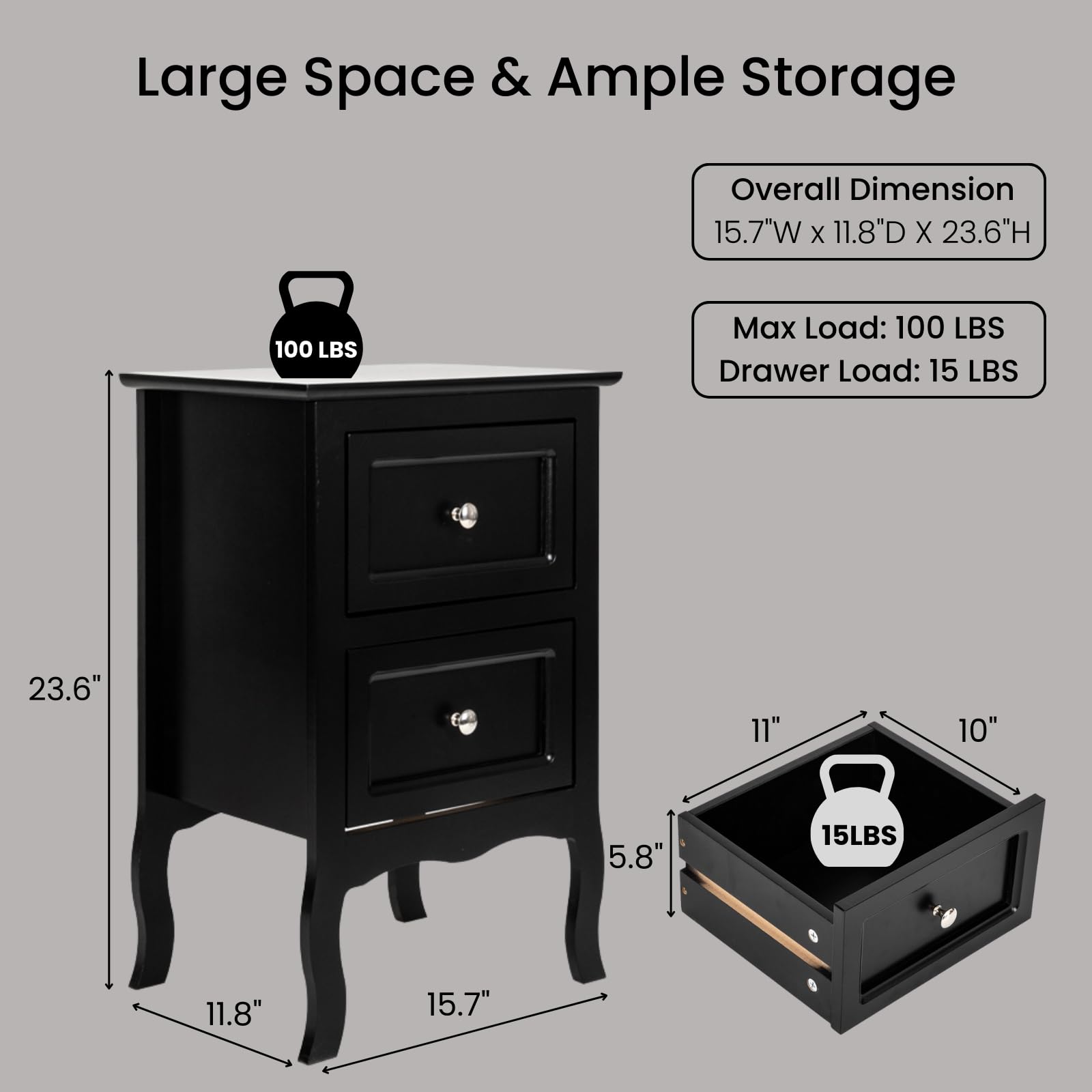Karl Home Black Nightstand for Bedroom - 2 Drawer French Country Wooden Bedside Table with Curved Legs - Perfect for Bedroom, Living Room, Dorm & Guest Room