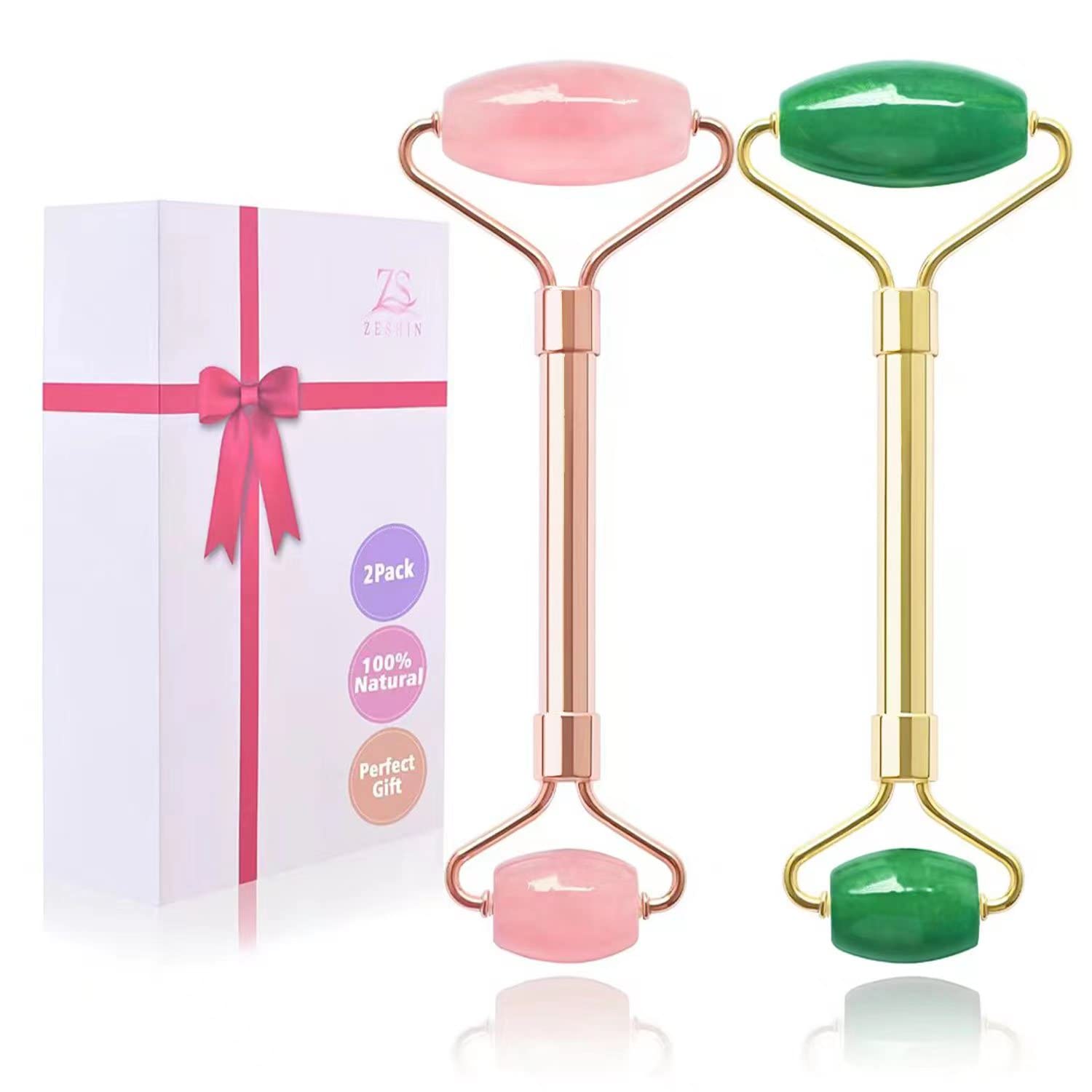 2 Pack Jade & Rose Quartz Facial Rollers for Wrinkles & Puffiness Relief - Natural Stone Face Massager for Skincare & Lymphatic Drainage - Perfect for Morning Routine & Spa Night Self-Care