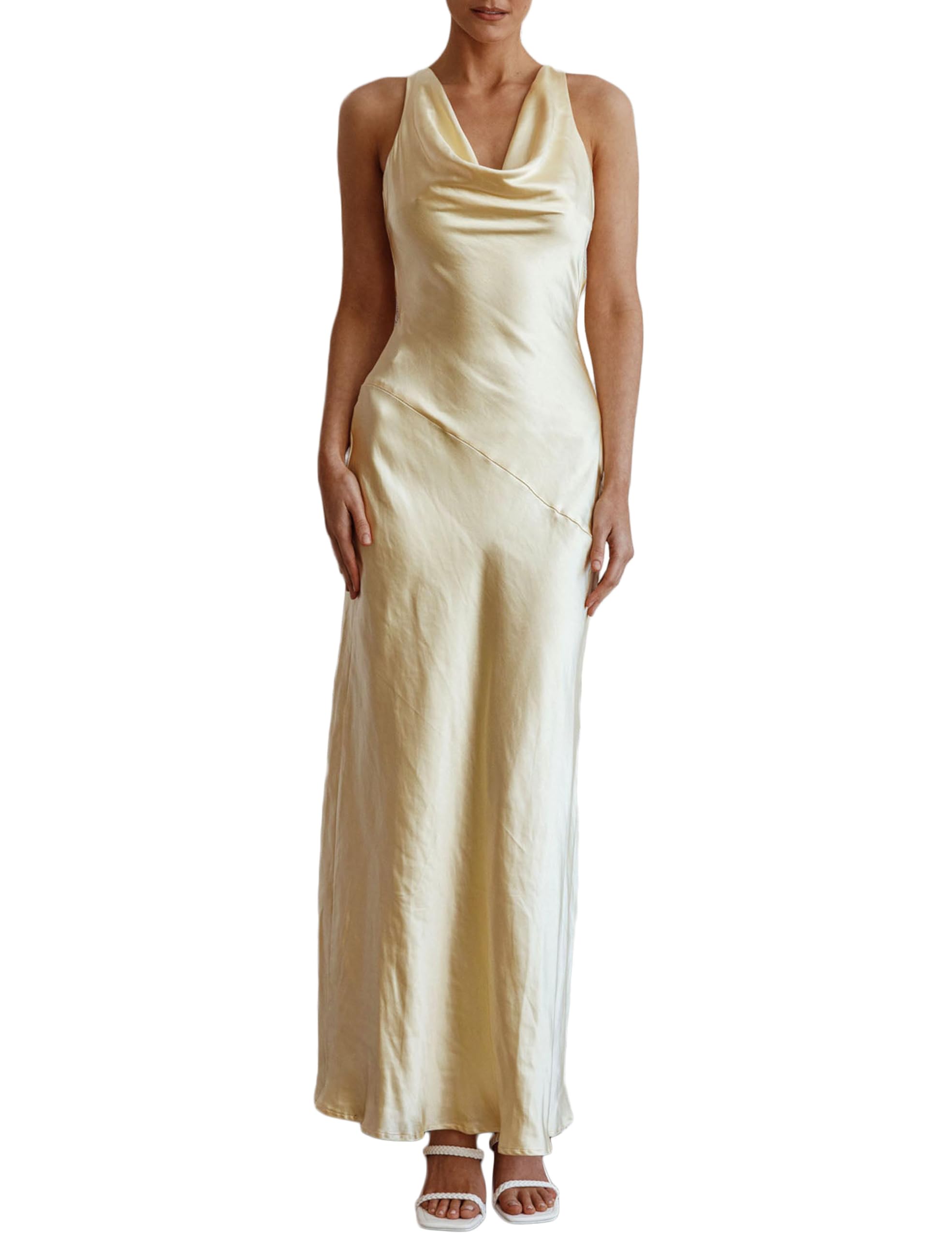 Elegant Satin Backless Maxi Dress for Women - Sleeveless Cowl Neck Silk Formal Gown for Wedding Guest, Party & Special Occasions | Summer 2025 Fashion