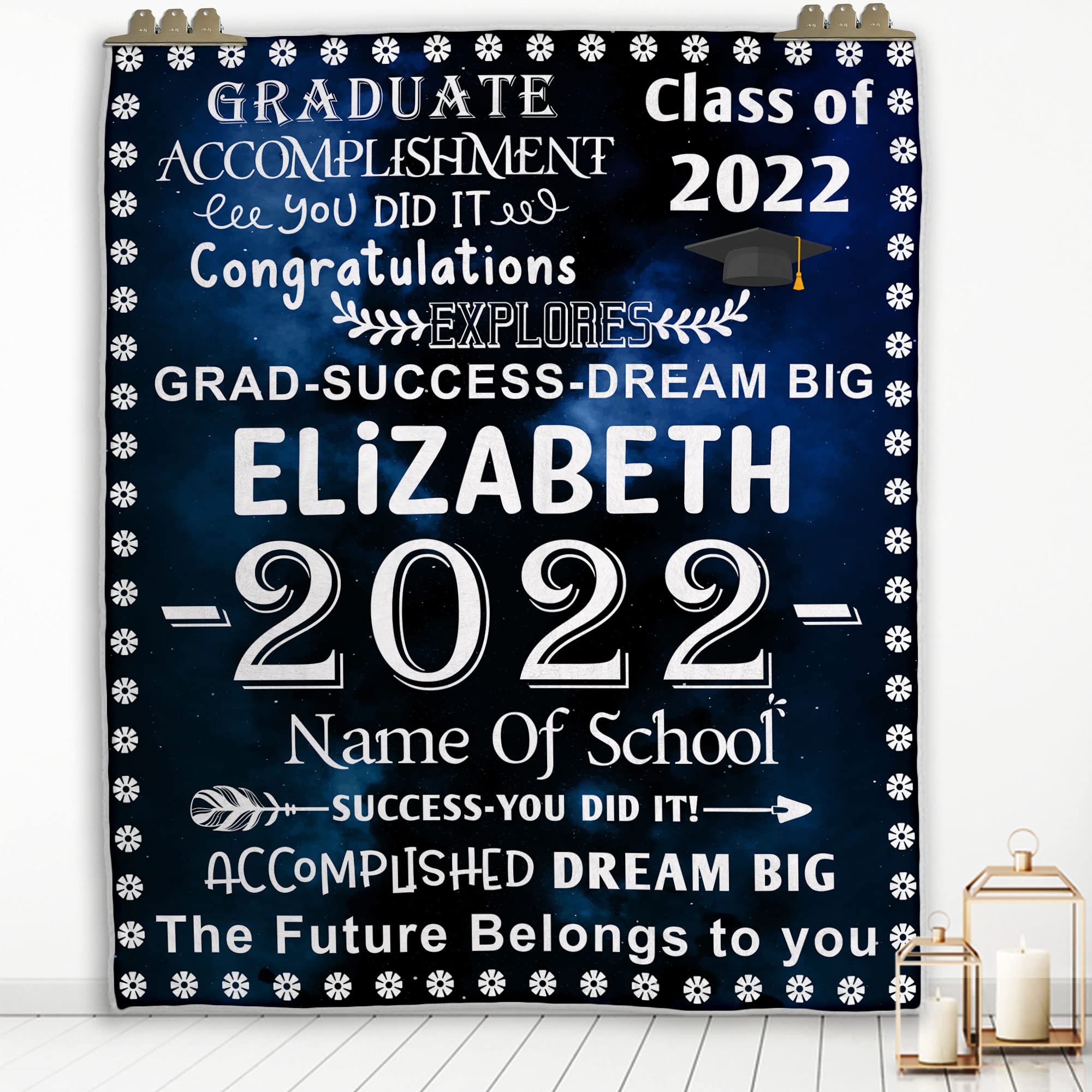 Personalized Graduation Throw Blanket 2022 - Custom School Name Blanket with Year | Unique Graduation Gift for Students | Perfect for College Dorm, Outdoor Picnics & Graduation Parties