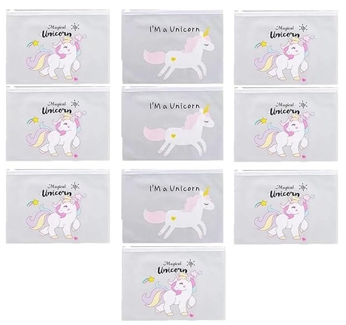 10 Pack Unicorn Print Plastic Zipper Pouch - Transparent Stationery Organizer for School, Office & Travel | Perfect for Birthday Party Favors, Gift Bags & Return Gifts