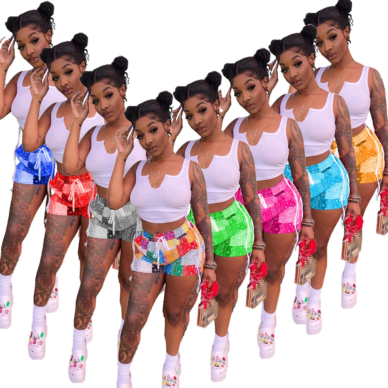 Acelyn Women's Sexy 2 Piece Short Sets - Summer Crop Tank Top & Patchwork Shorts Outfit | Casual Beachwear, Vacation Outfits, Street Style Fashion