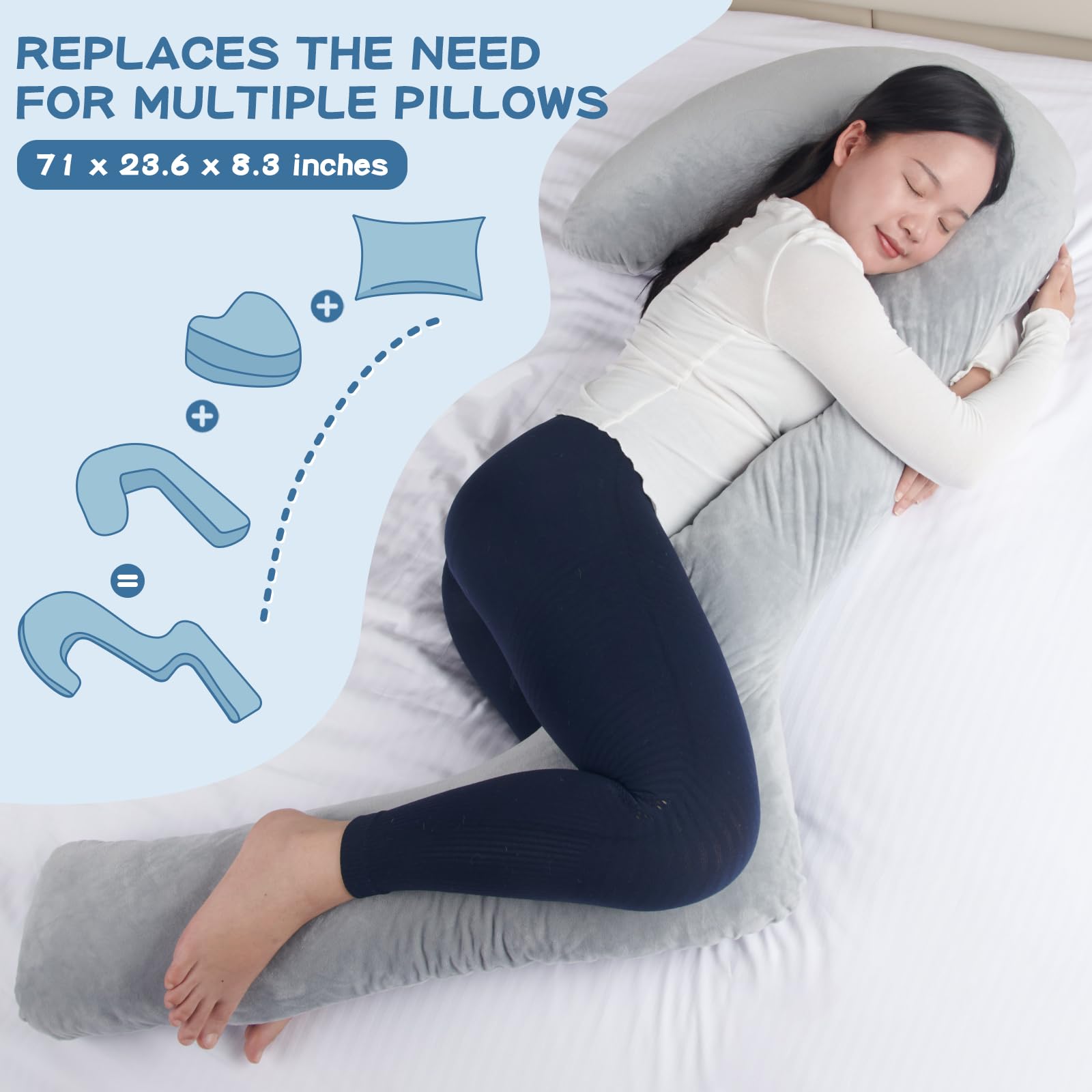 SAHEYER 71-Inch Memory Foam Body Pillow for Side Sleepers & Pregnancy Support - 3-Shaped Full Body Pillow with Removable Cover for Back, Hips, Legs & Belly Comfort (White) | Ideal for Adults, Maternity, Post-Surgery & Pain Relief