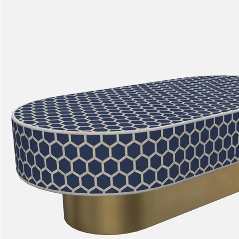 Handmade Bone Inlay Navy Blue Coffee Table with Brass Base - Stylish Modern Living Room Furniture for Home Decor & Interior Design