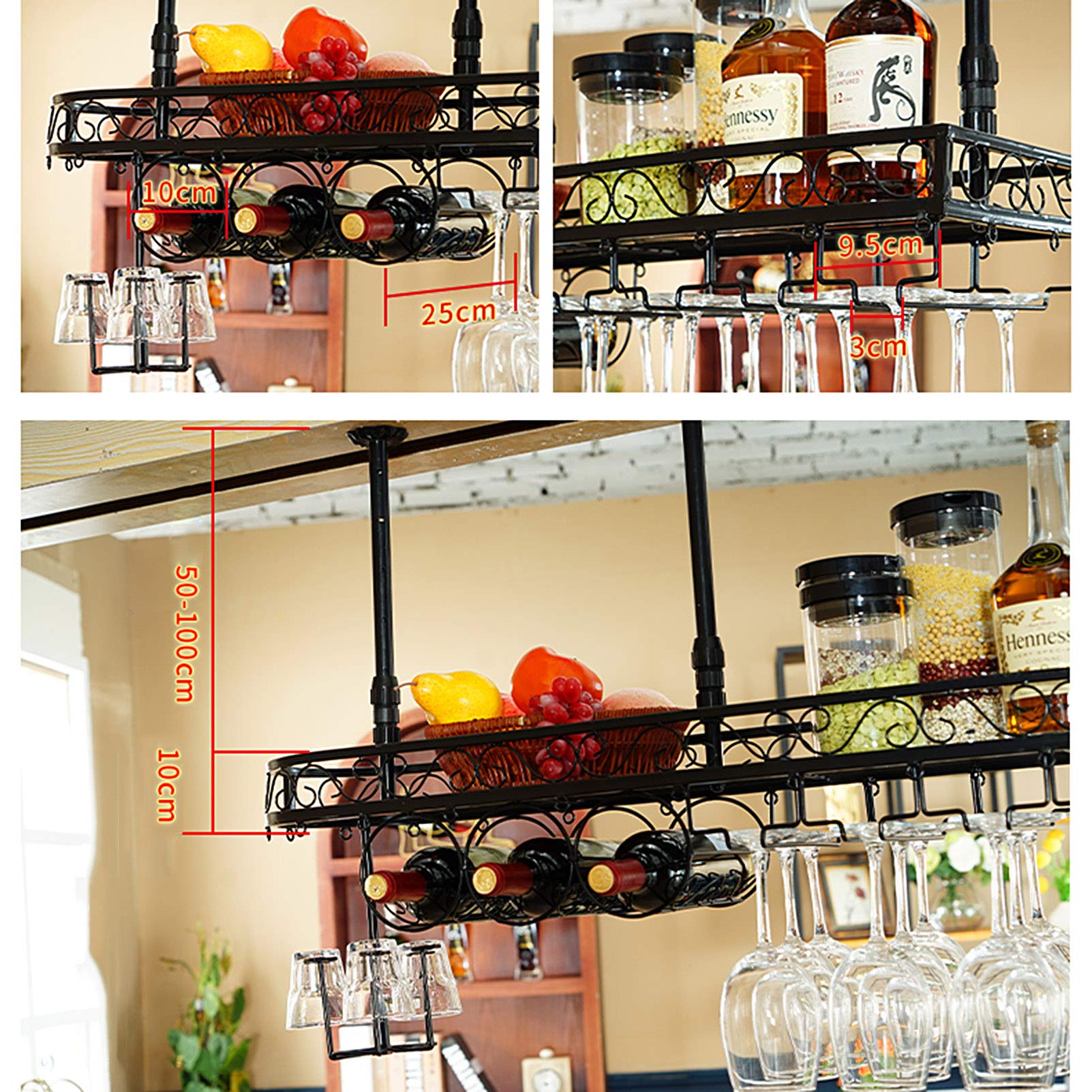 Rustic Metal Wine Shelf - Ceiling Mounted Stemware Hanger Organizer Rack - Holds 3 Wine Bottles & 15 Glasses (80x25cm) - Perfect for Kitchen, Bar, Restaurant & Home Wine Storage