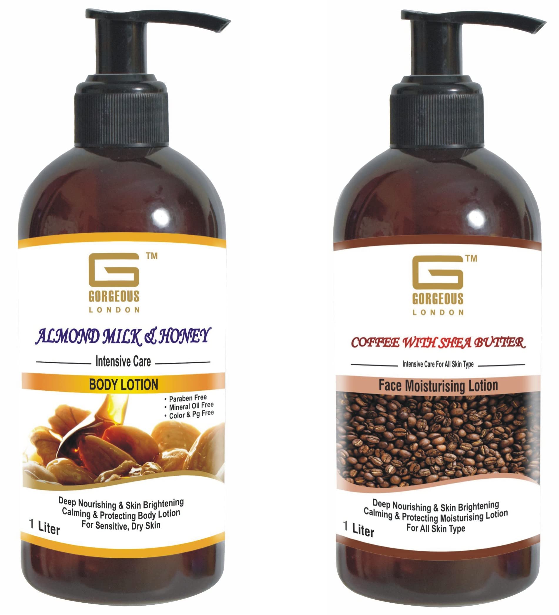 London Almond Milk Honey Body Lotion & Shea Butter Coffee Face Moisturizer Combo - 2 Pack (1 Liter Each) - Hydrating Skincare Set for Dry Skin, Day & Night Use