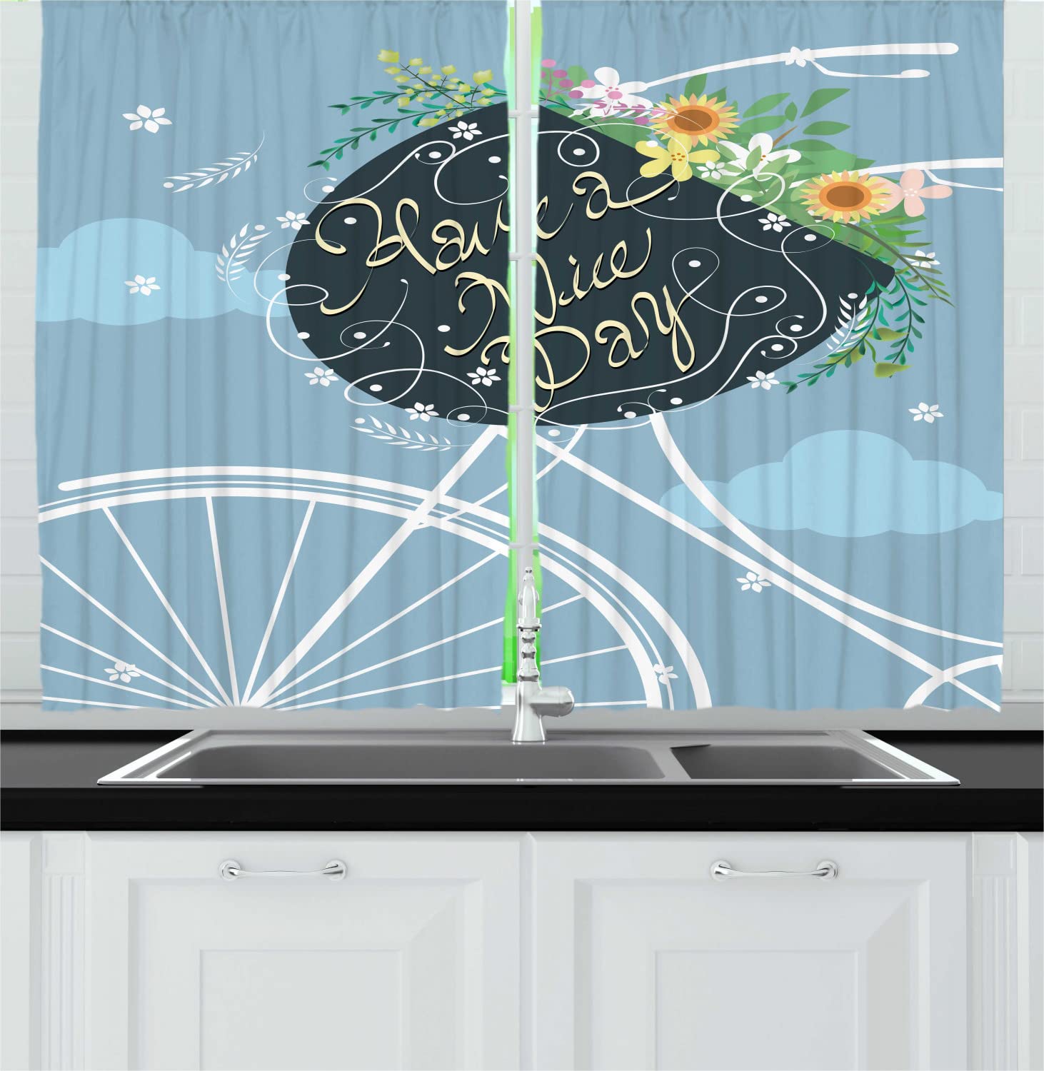 Ambesonne 'Have a Nice Day' Calligraphy Kitchen Curtains - Floral Bicycle Basket Design, 55