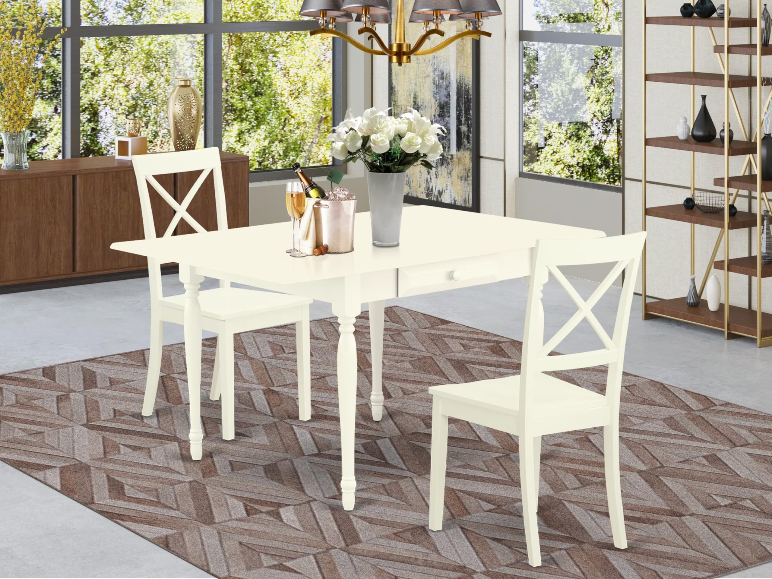 East West Furniture 3 Piece Dining Table Set for Small Spaces - 36x54 Inch Rectangle Drop Leaf Table with 2 Wood Chairs in Linen White | Compact Kitchen & Apartment Dining Solution (Model MZBO3-LWH-W)