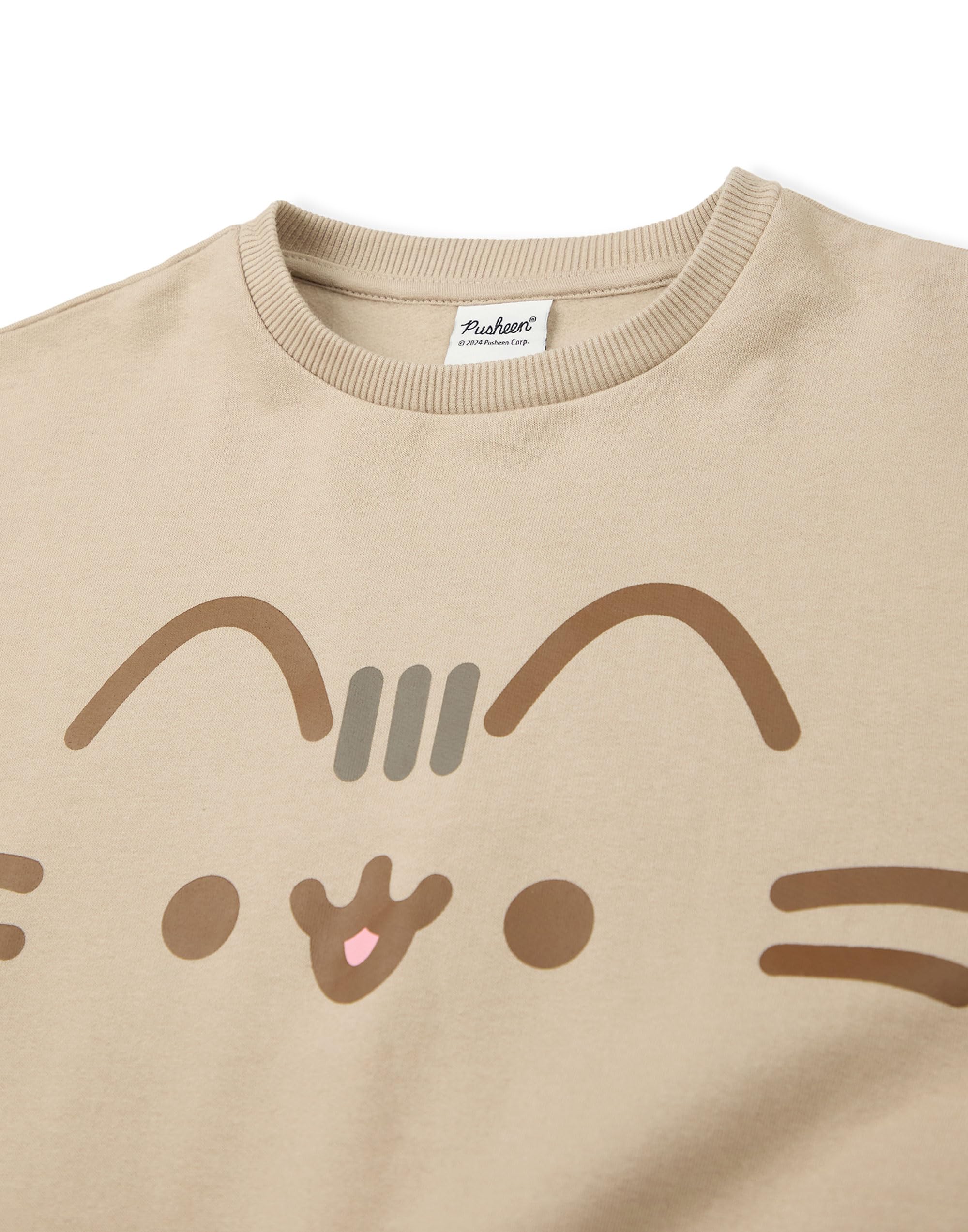 Pusheen Girls Sweatshirt and Joggers Set - Cute Big Face Graphic Print Hoodie & Pants in Beige | Kids Casual Outfit for School, Playdates and Cozy Home Wear