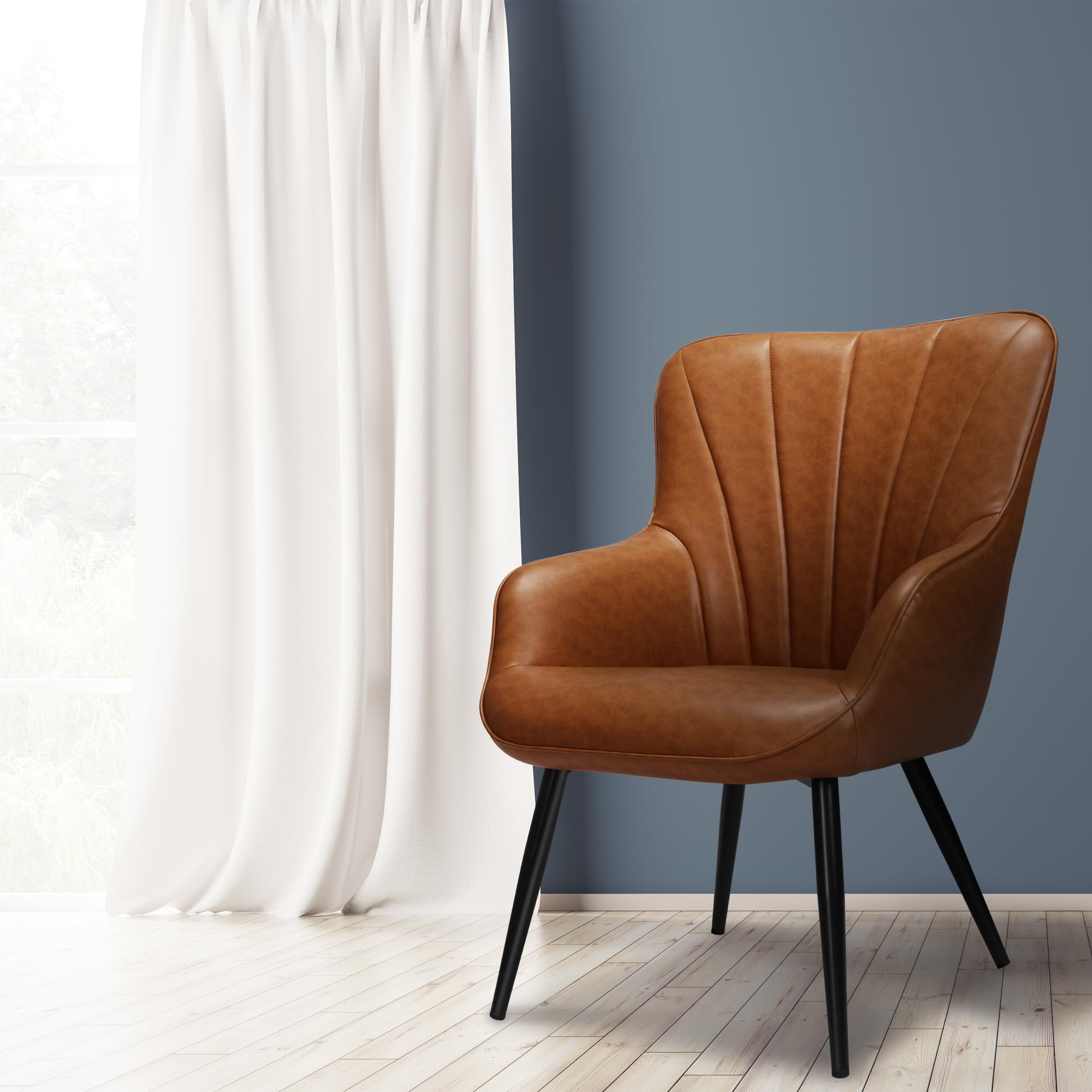 PrimeZone Faux Leather Mid Century Modern Accent Chair - Wingback Armchair with Metal Legs for Living Room, Bedroom, Office & Dining Room - Brown, Set of 2 - Perfect for Home Decor, Reading Nook & Guest Seating
