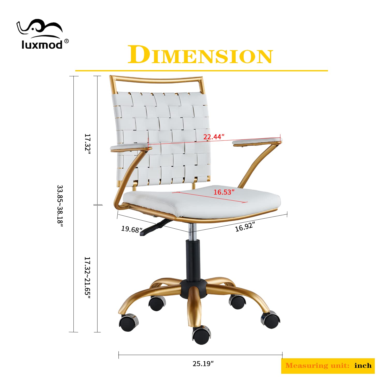 Gold Vanity Chair - Mid Back Ergonomic Swivel Office Chair with Arms, White Leather Computer Desk Chair for Lumbar Support - Perfect for Home Office, Makeup Vanity & Gaming Setup
