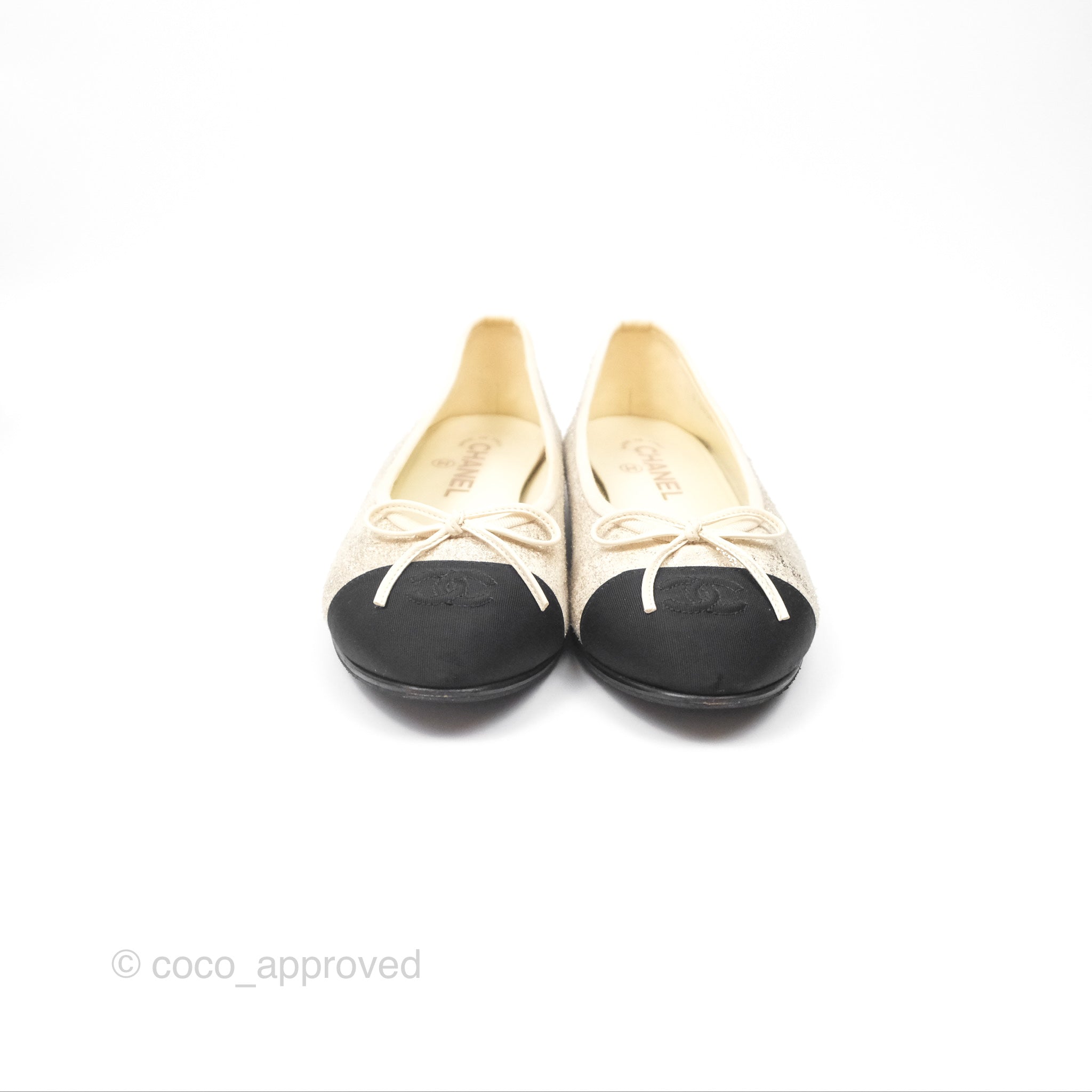 Chanel Glitter Ballerina Flats in Ivory & Black - Size 39 | Women's Luxury Fashion Shoes for Parties, Weddings & Evening Events