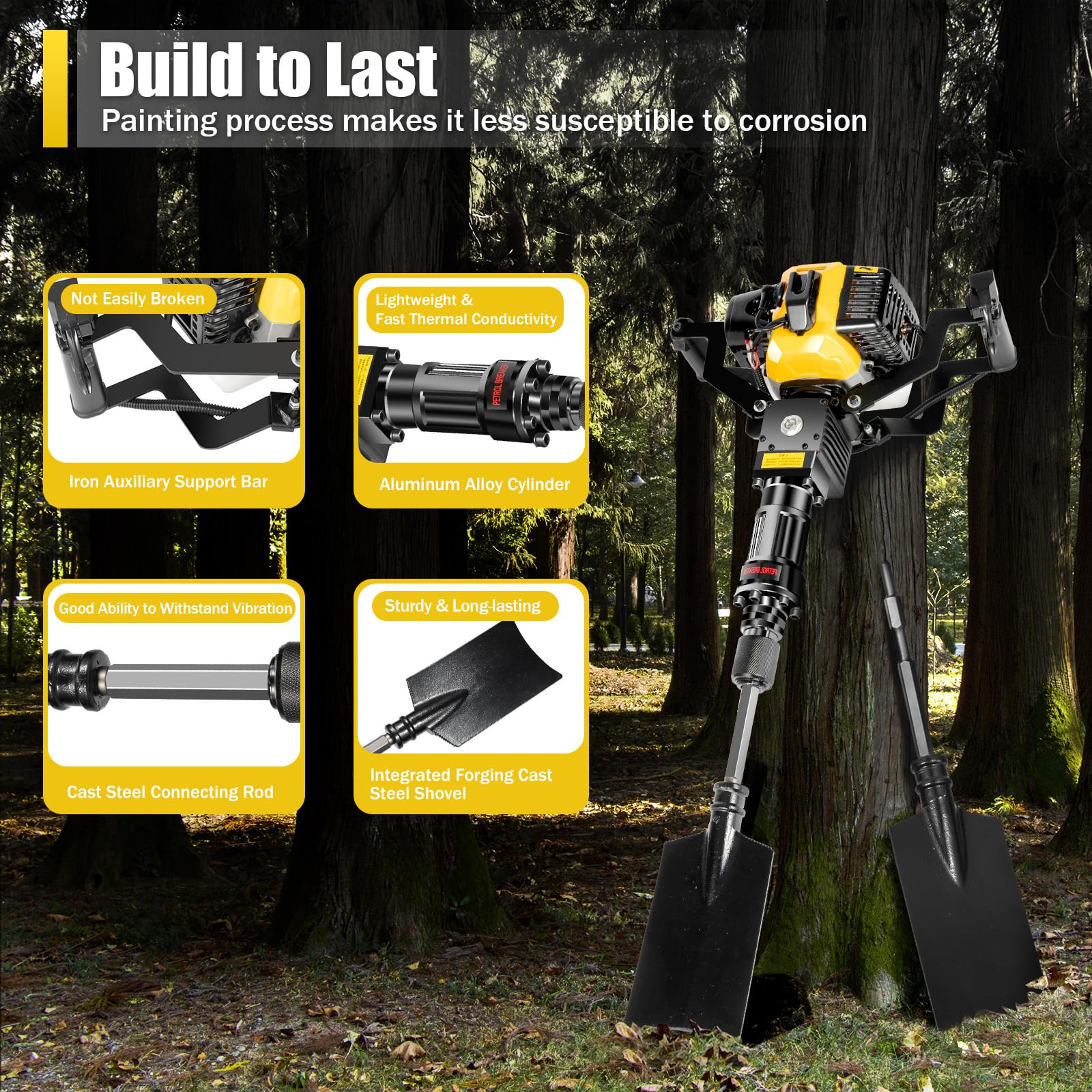 52cc 2-Stroke Gas Powered Handheld Planting Shovel Drill - Portable Single Cylinder Garden Tree Digger & Excavator for Farm, Home & Landscaping | Ideal for Digging Holes, Planting Trees & Garden Maintenance