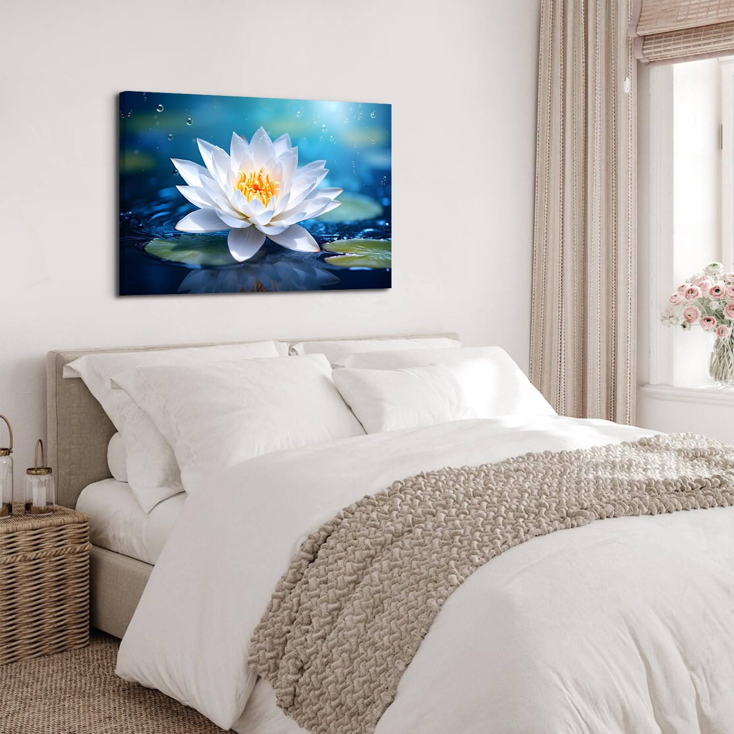 Blue White Lotus in Water Landscape Canvas Print - 32x48