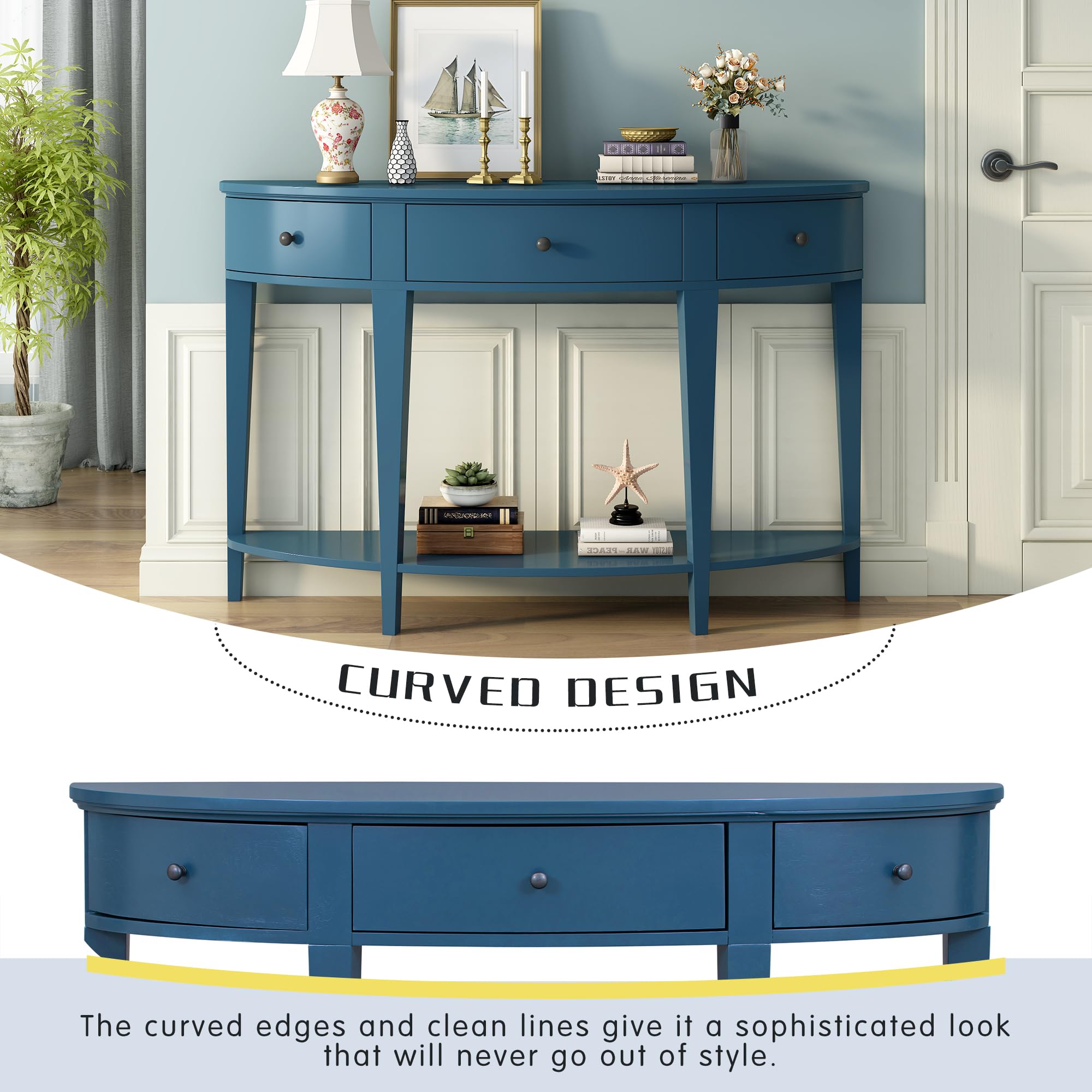 PURLOVE Modern Curved Console Table with Drawer - Solid Wood Entryway Table with Open Shelf for Hallway, Living Room & Foyer - Navy Blue Home Decor for Small Spaces & Apartment Entryways