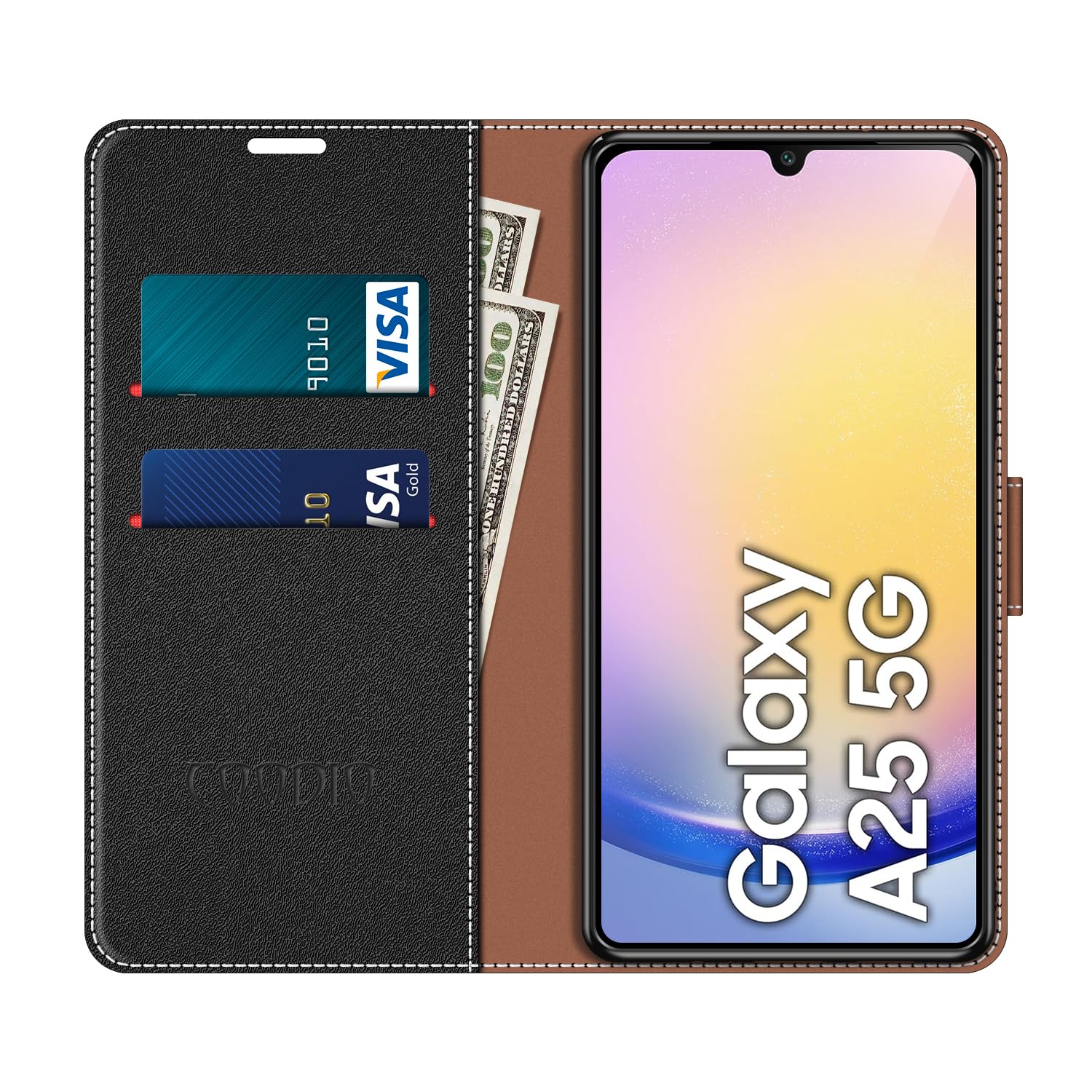Samsung Galaxy A25 5G Leather Flip Phone Case - Premium PU Leather Protective Cover with Card Slots (Black/Red) | Slim Design for Everyday Use, Business & Travel