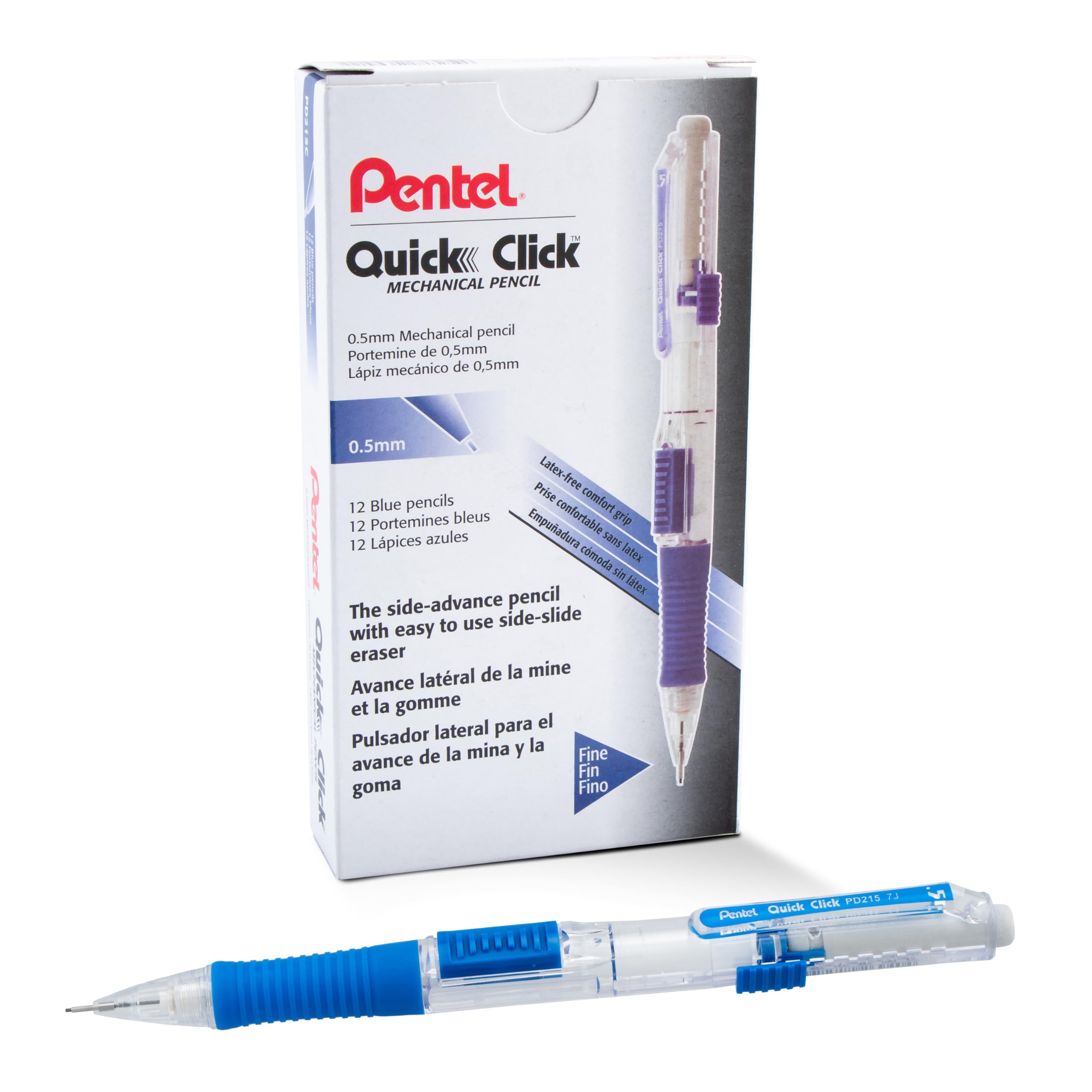 Pentel QUICK CLICK 0.5mm Mechanical Pencils - Blue Barrel, Pack of 12 (PD215C) - Perfect for School, Office & Sketching