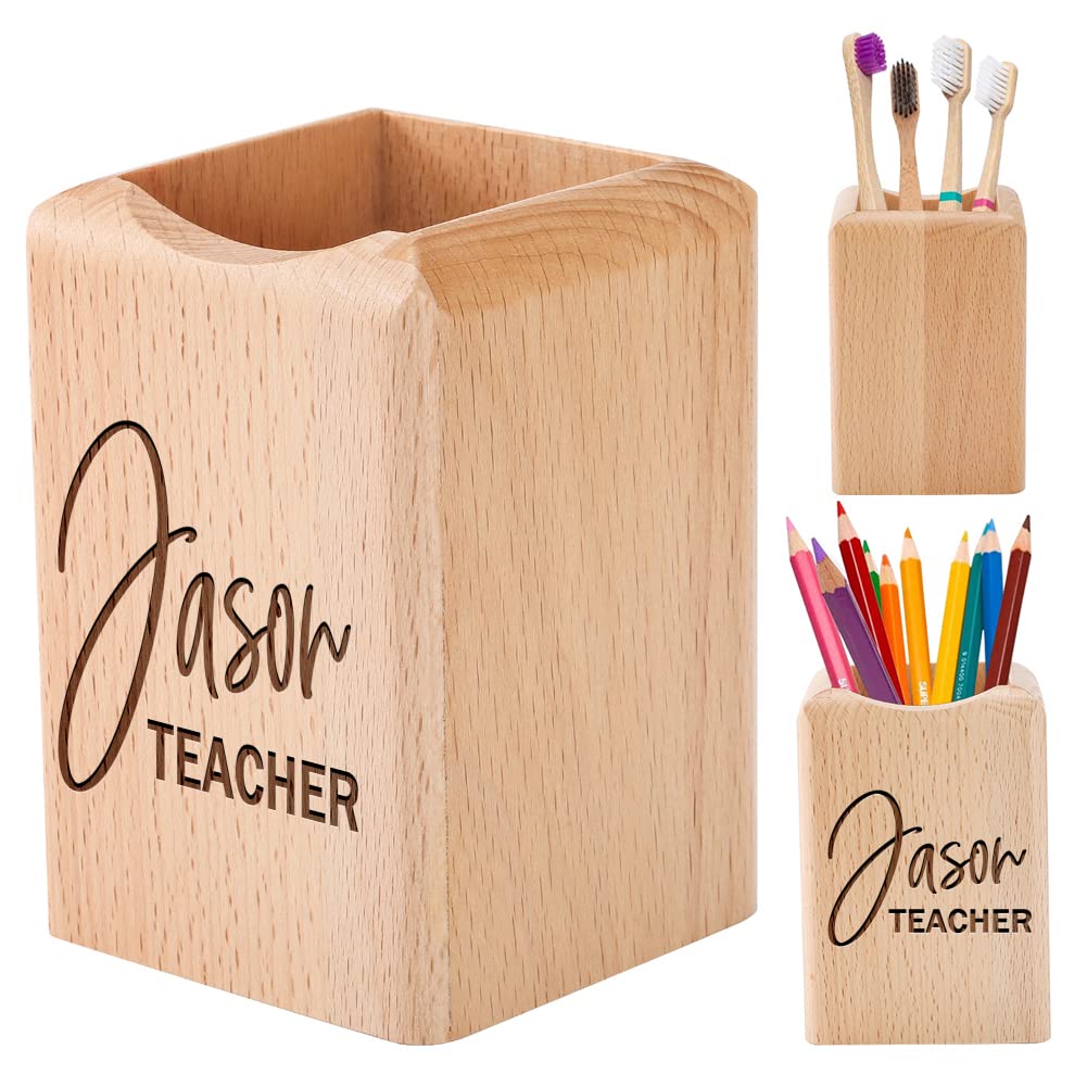 Personalized Engraved Wooden Pen Holder - Custom Name Desk Organizer for Pencils, Pens & Stationery - Perfect for School, Home & Office Workspace Decor