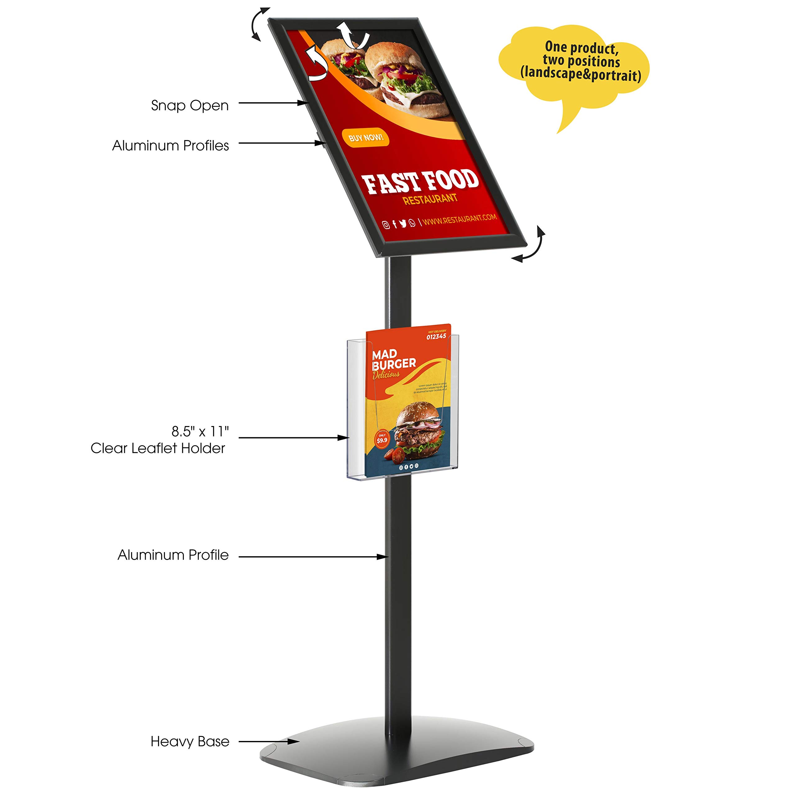 Black Aluminum Floor Standing Sign Holder - 11x17 Inch Frame with 8.5x11 Brochure Holder | Front Loading & Easy Open Design for Posters, Advertisements & Displays | Perfect for Retail Stores, Restaurants & Trade Shows