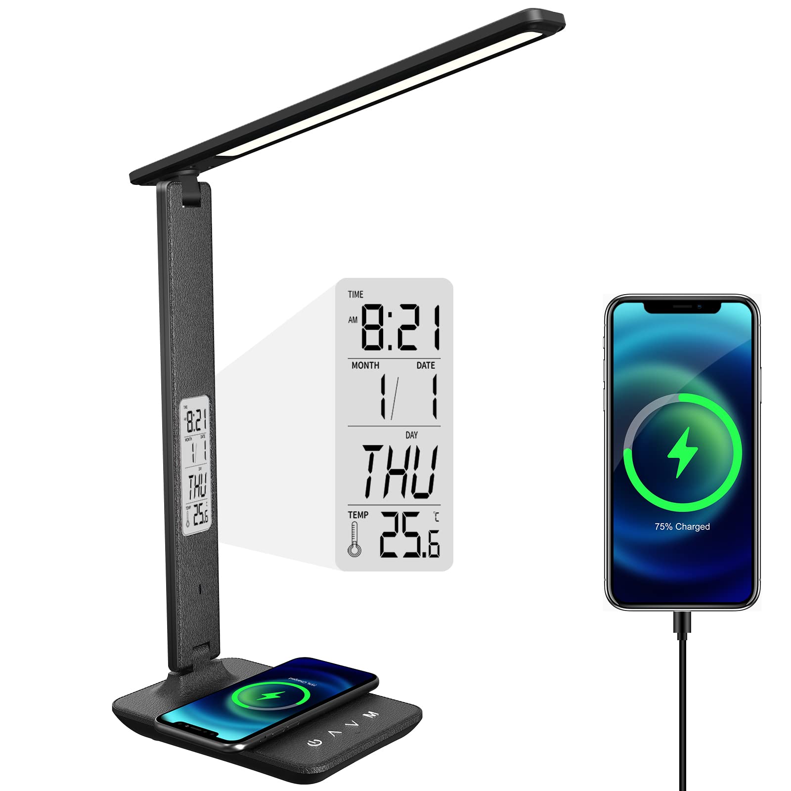 Taodaliy LED Desk Lamp with Wireless Charger & USB Port - Adjustable Brightness, Alarm Clock, Date & Temperature Display - Perfect for Home Office, Study, Dorm Room & Nightstand (Black)