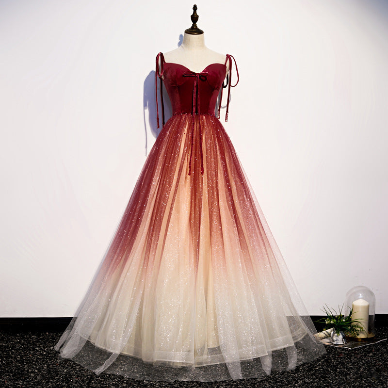 Elegant Burgundy Ombre Tulle Prom Dress - Long Formal Evening Gown for Women - Perfect for Homecoming, Quinceañera & Black Tie Events