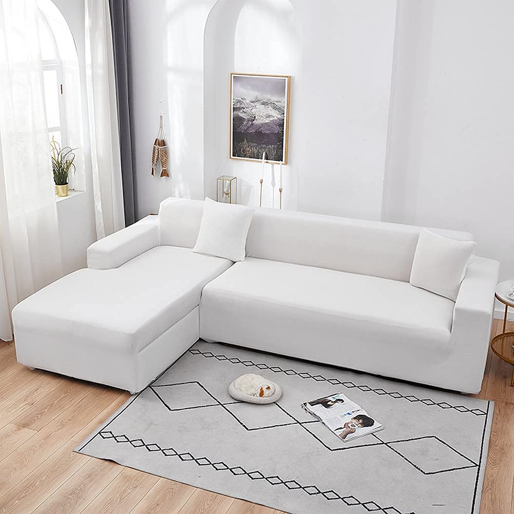 Premium Velvet Stretch L-Shaped Sectional Sofa Cover - Anti-Slip Luxury Couch Slipcover with Secure Straps (Fits 145-185cm Loveseats, White) - Perfect for Living Room, Home Theater & Guest Room Decor