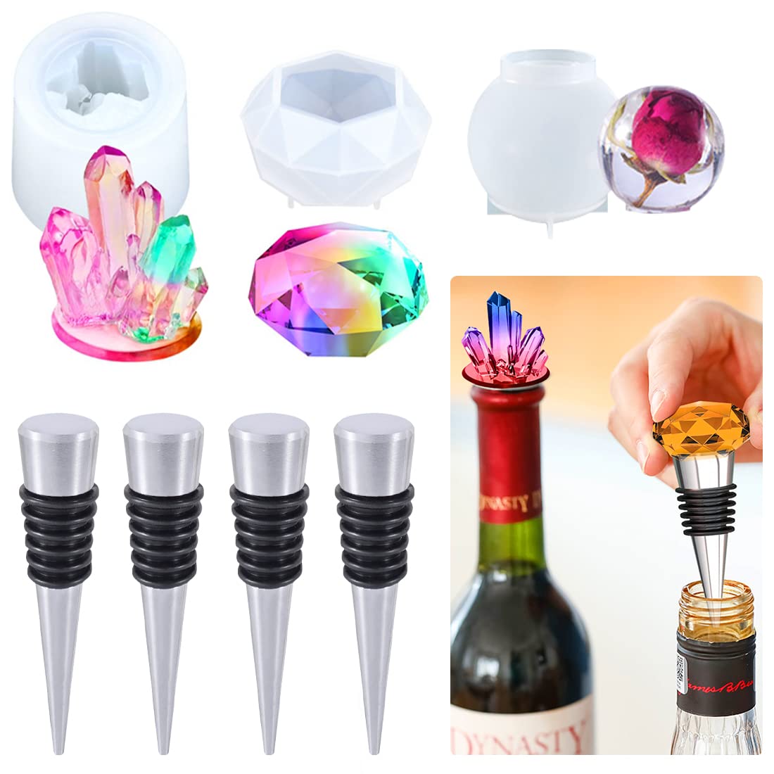 Voyyphixa 3-Piece Resin Wine Stopper Molds with 4 Stoppers - Silicone Bottle Stopper Molds for Epoxy Casting, Geometric Sphere Crystal Cluster Diamond Molds - Perfect for DIY Crafts, Wine Lovers & Home Decor