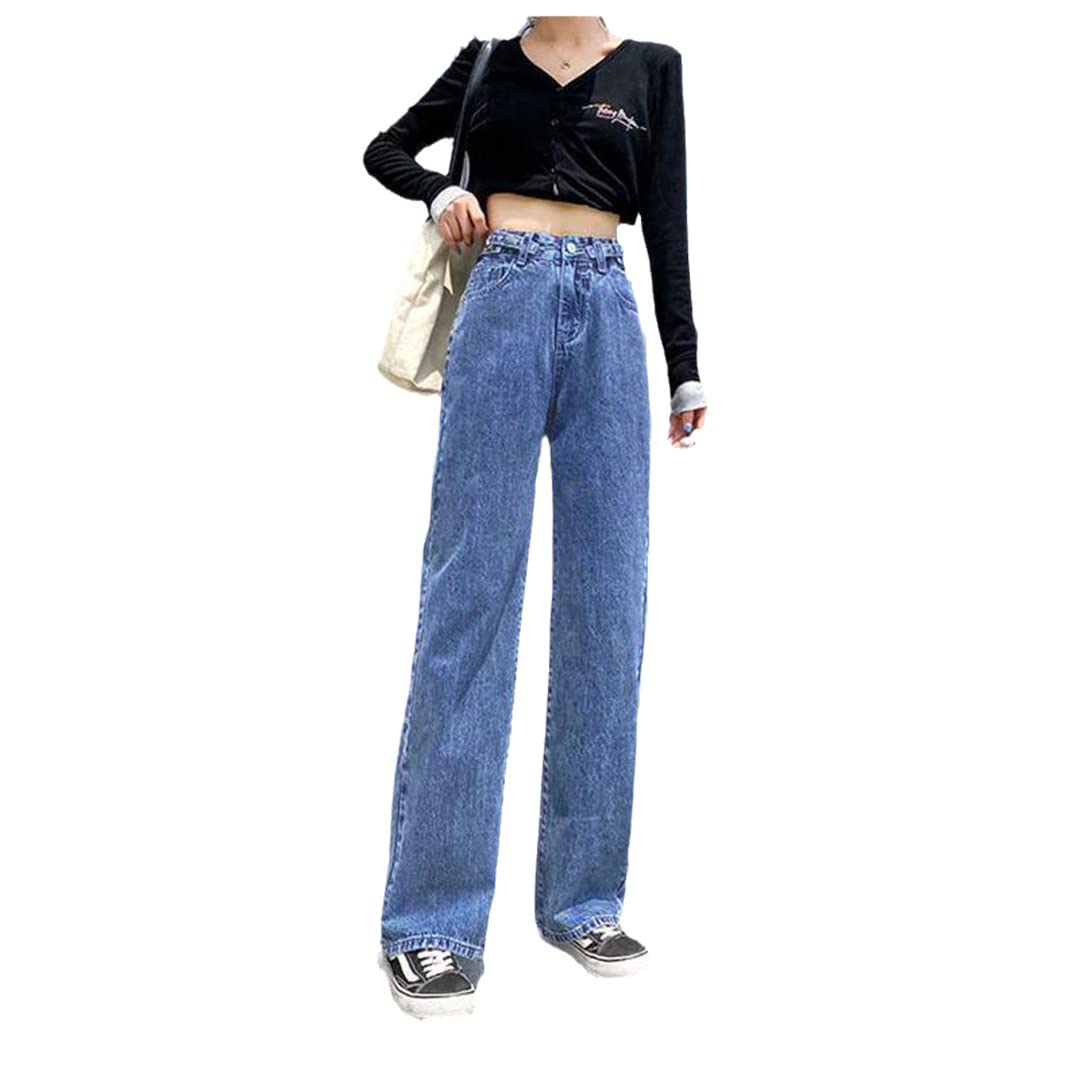 PYTRXGBO Women's High Waist Wide Leg Mom Jeans - Adjustable Button Stretch Denim Pants for Casual Wear, Vintage Style, and Everyday Outfits
