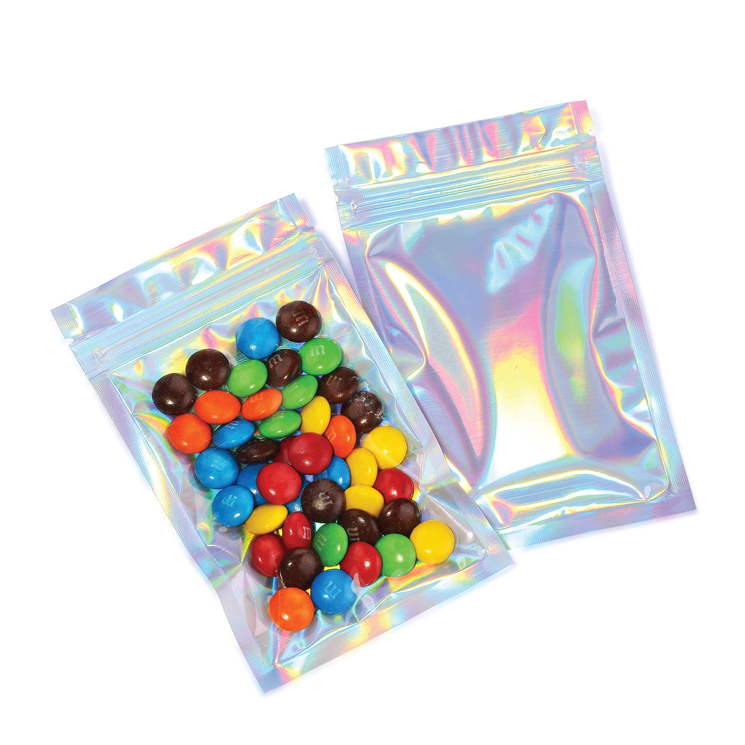 Premium 3.3 x 5.5 Inch Mylar Bags with Ziplock - 100 Pack Rainbow Holographic Heat Sealable Food Storage Bags for Candy, Snacks, Medications & Vitamins | Airtight Packaging for Liquids & Solids | Perfect for Home, Retail & Travel Use