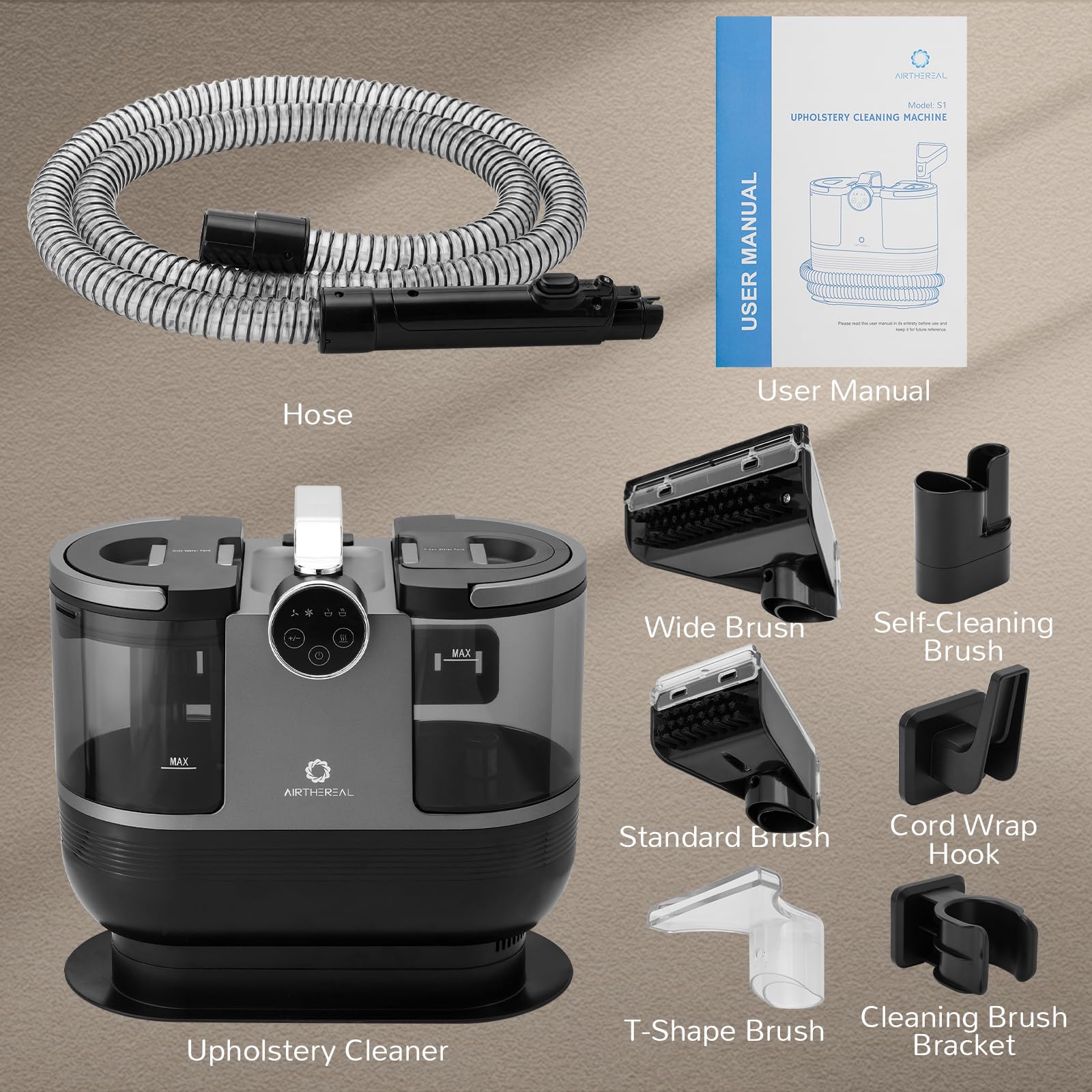 Airthereal S1 Portable Carpet Cleaner Machine - 14Kpa Deep Cleaning with Instant Heating, Self-Cleaning Function for Pet Hair, Stains & Odors | Perfect for Upholstery, Stairs, Car Seats & Couches | Home & Auto Cleaning Solution