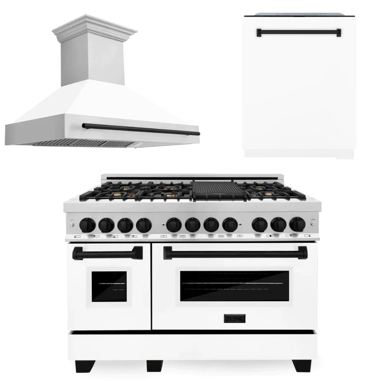 ZLINE Autograph Edition 48-inch Stainless Steel Dual Fuel Range with White Matte Door, Range Hood & Dishwasher - Matte Black Accents (3AKP RAWMRHDWM48 MB) | Professional Kitchen Package for Home Chefs & Modern Cooking Enthusiasts