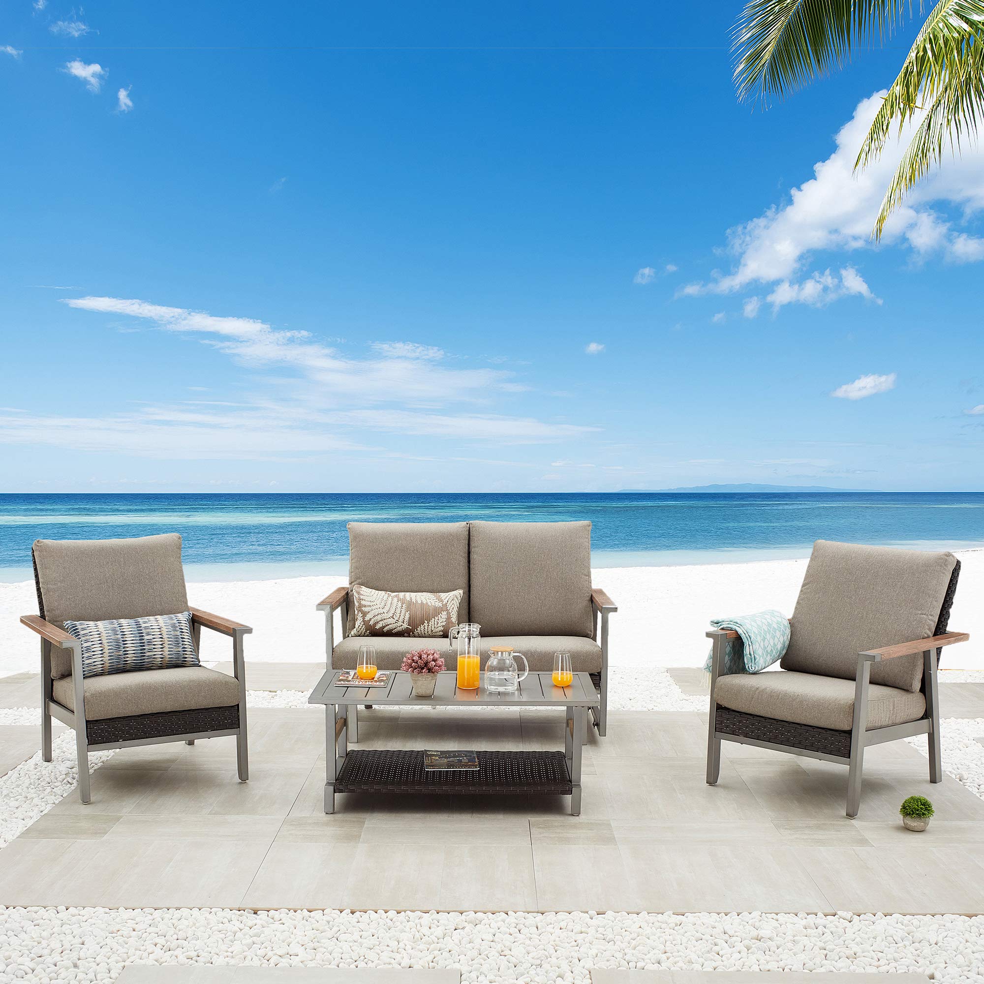 4-Piece Patio Conversation Set with Rattan Chairs, Wicker Glider Loveseat & Coffee Table - Outdoor Furniture for Garden, Deck, Backyard (Grey) | Thick Cushions & Metal Frame | Perfect for Relaxing, Entertaining & Outdoor Dining