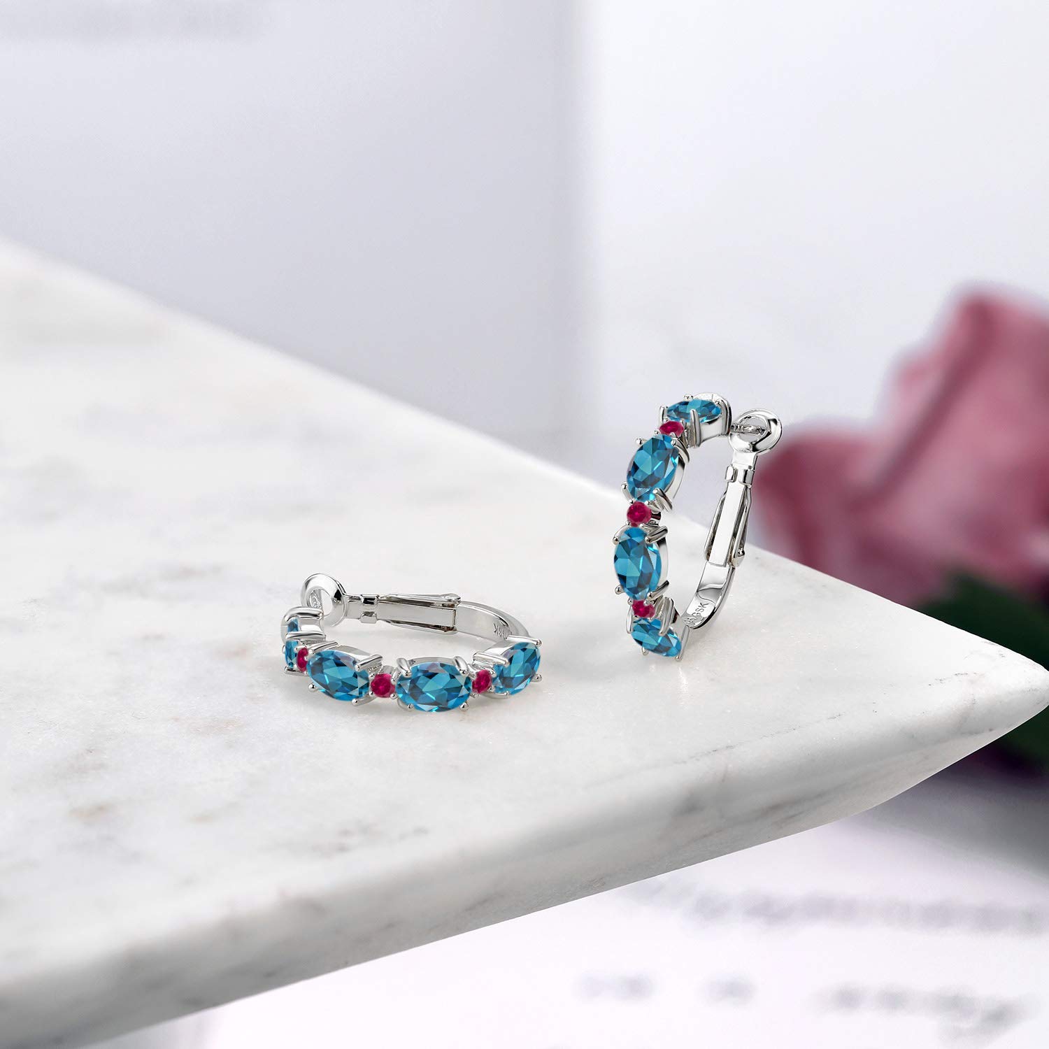 5.10 Ct Oval London Blue Topaz & Red Created Ruby 925 Sterling Silver Hoop Earrings for Women - Elegant Gemstone Jewelry for Parties, Weddings & Special Occasions