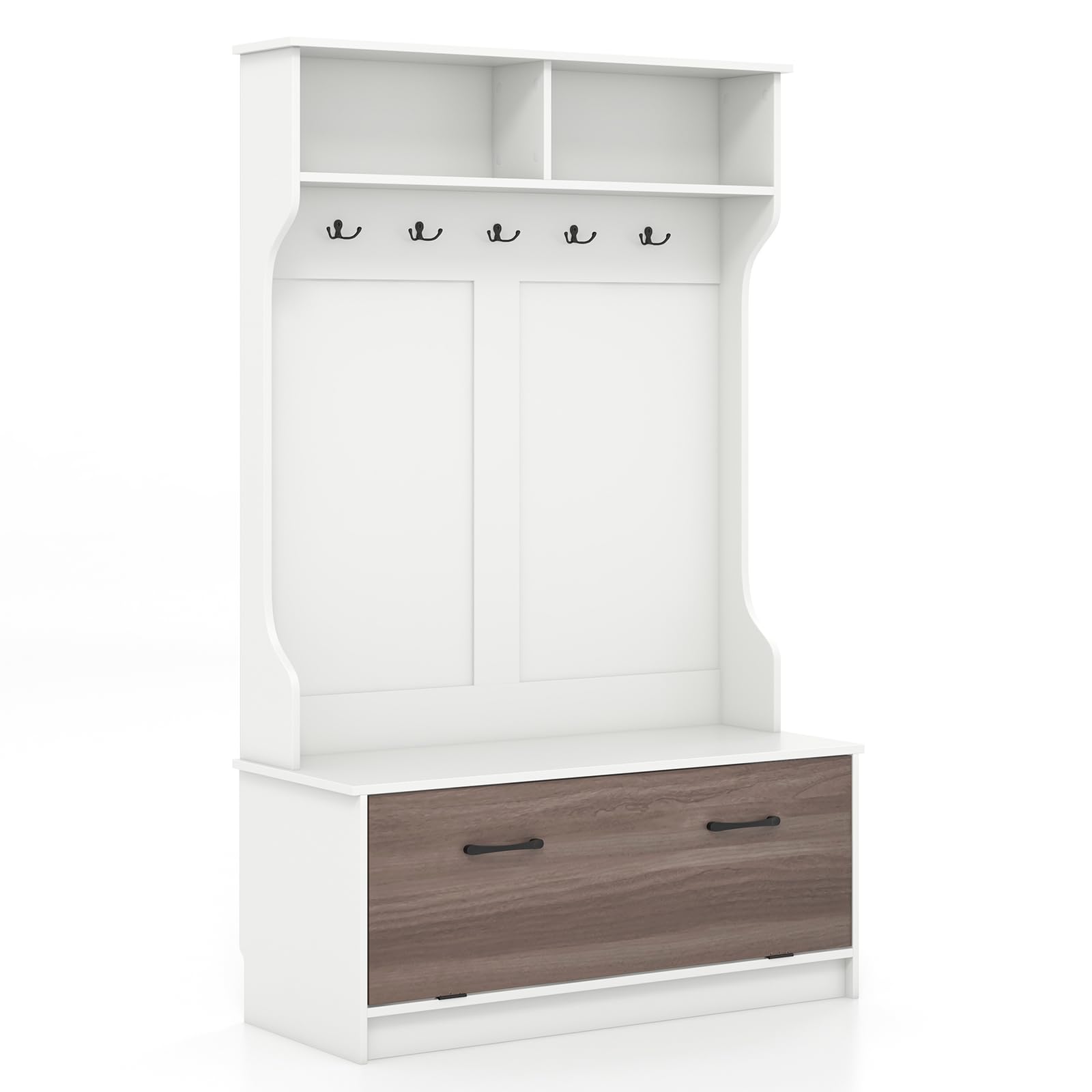 **Tangkula Hall Tree with Coat Rack & Storage Bench - 5 Double Hooks, Freestanding Entryway Organizer for Home, Bedroom, Mudroom - White | Perfect for Small Spaces, Entryway Storage & Shoe Organization**