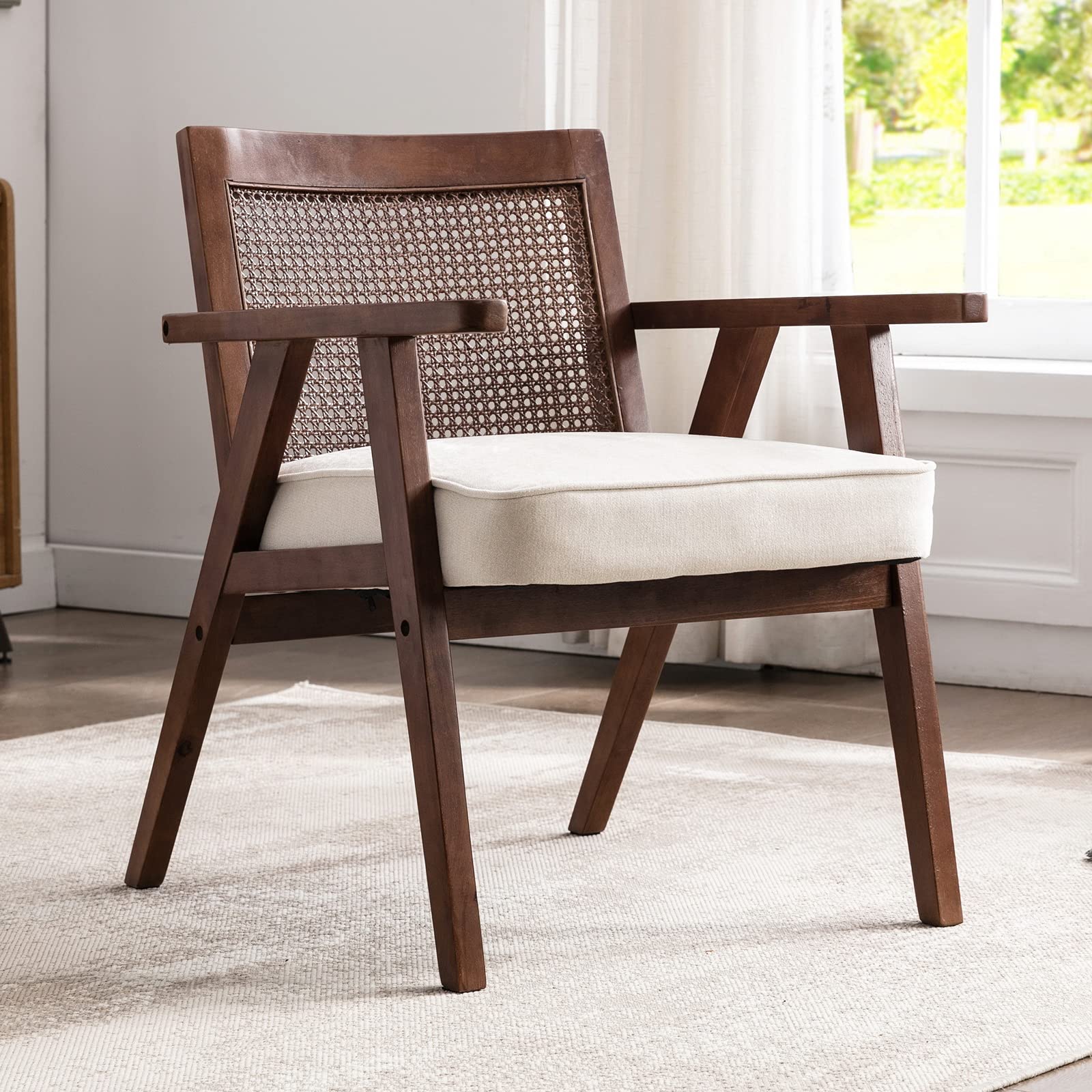 Mid-Century Modern Armchair with Retro Rattan Back & Upholstered Seat - Espresso Wood Frame Accent Chair - Large Comfortable Slipper Chair for Living Room, Bedroom, Office or Reading Nook - Beige Chenille Fabric & Natural Rattan Design - Perfect for Relaxing, Entertaining Guests or Creating Cozy Home Decor