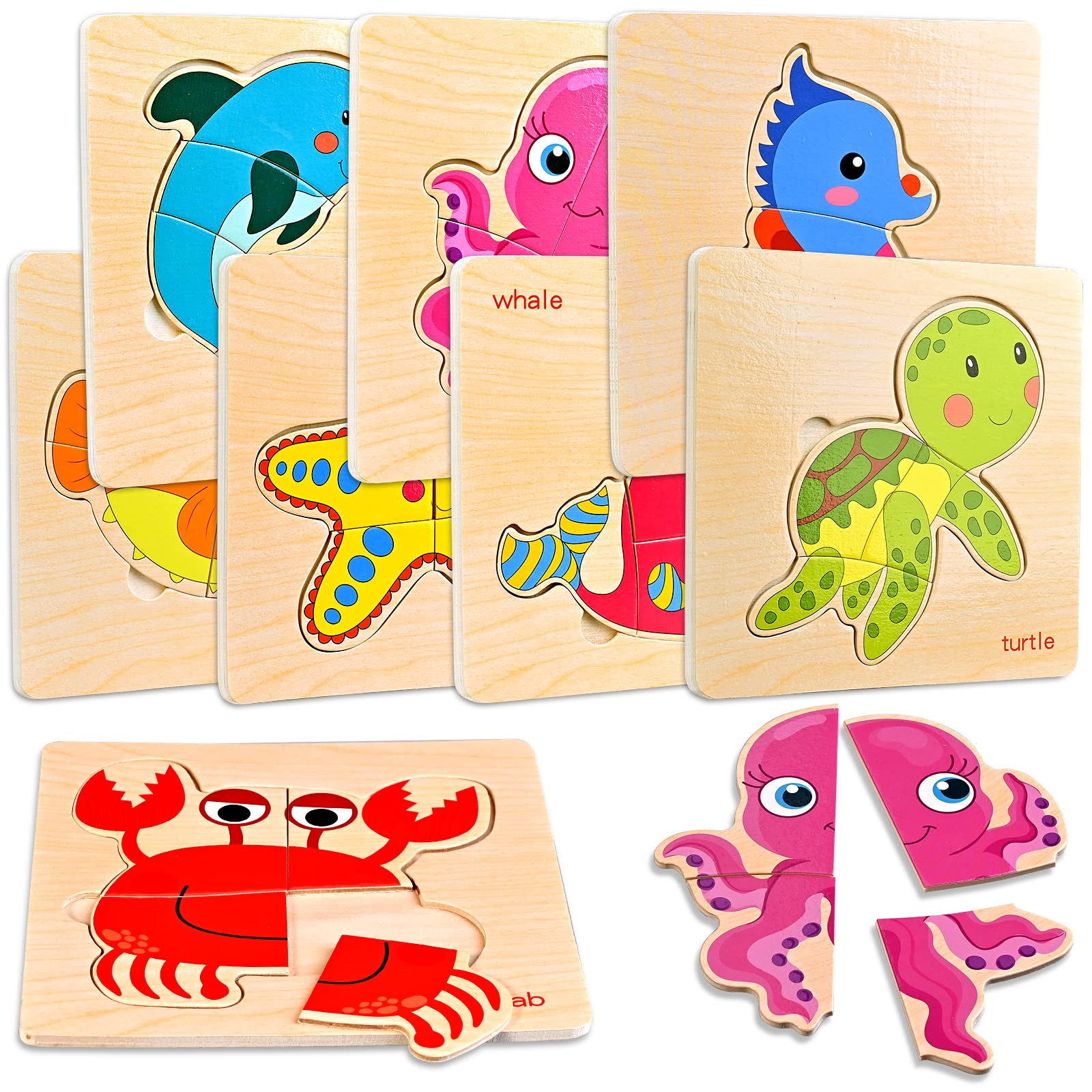 8-Piece Wooden Toddler Puzzles for Ages 1-3 | Montessori Educational Toys for Boys & Girls | Ocean Animal Jigsaw Learning Games for Preschoolers 2-4 Years Old | Perfect for Early Childhood Development & Playtime Activities