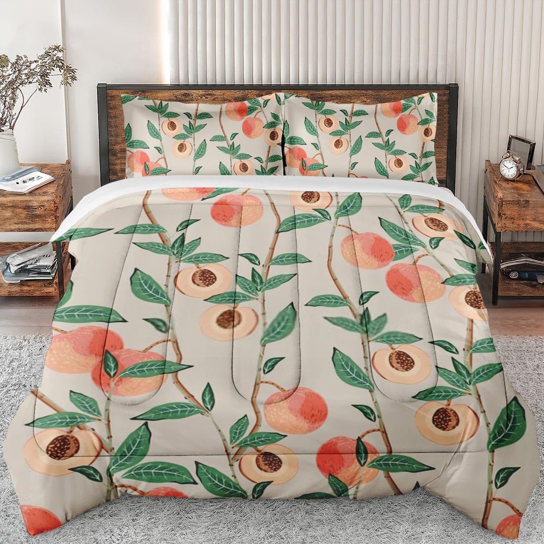 King Size Comforter Set - Peach Tree Leaves Beige Soft Bedding for Kids & Adults, Vintage Cream Summer Bedspread with 2 Pillowcases | Cozy Bedroom Decor for Master Bedroom, Guest Room & Dorm