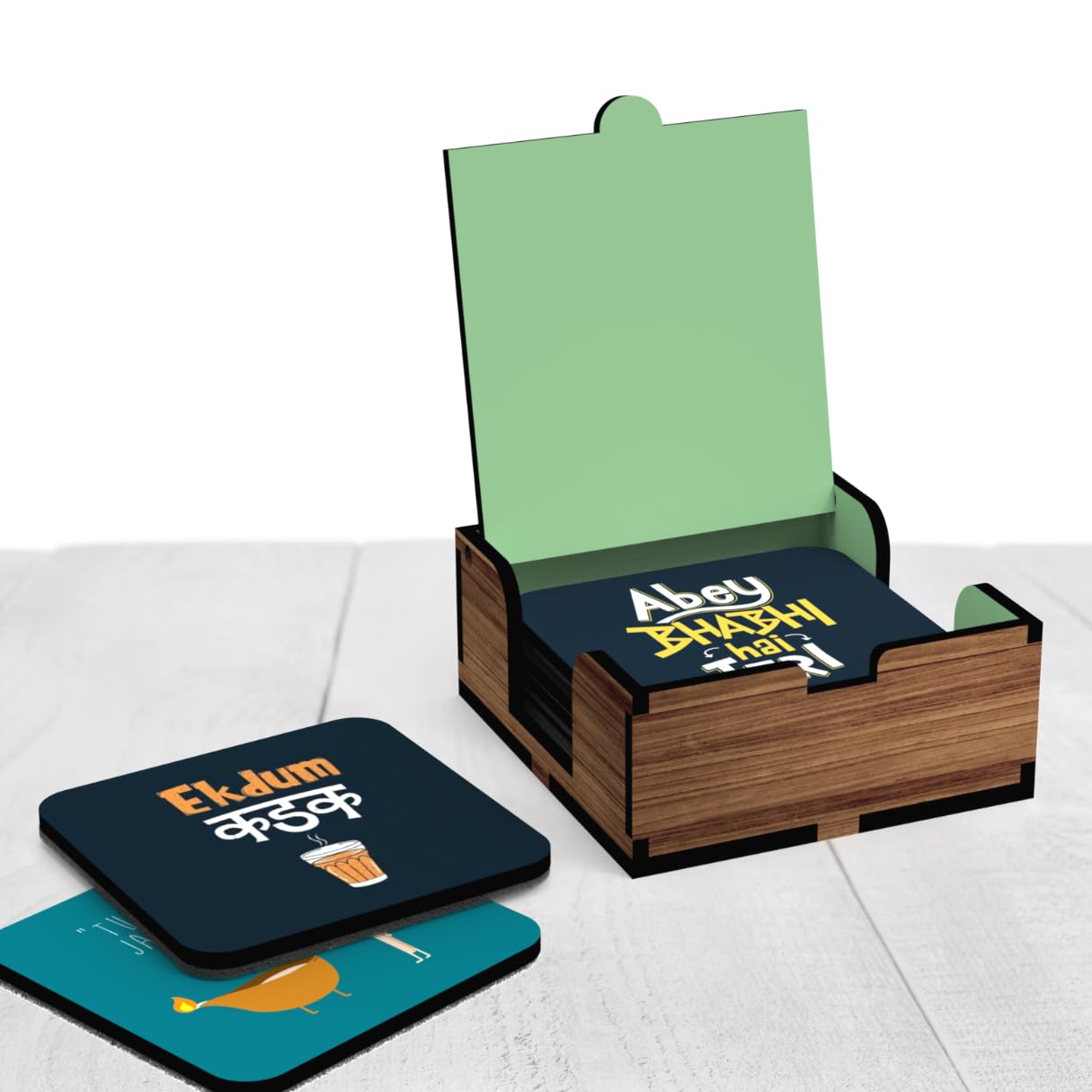 MakerTech 6-Piece Unique Shaped Wooden Coasters Set - White Engineered Wood Drink Coasters with Holder Box - Perfect for Home, Office, and Party Use