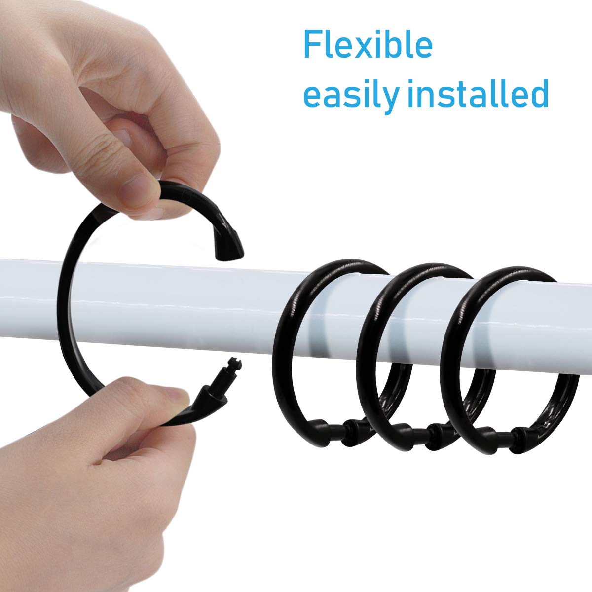 Qulable 12-Pack Black Plastic Shower Curtain Hooks Rings - Durable Circular Bathroom Shower Curtain Rings for Standard Rods - Perfect for Bathroom, Hotel & Apartment Decor