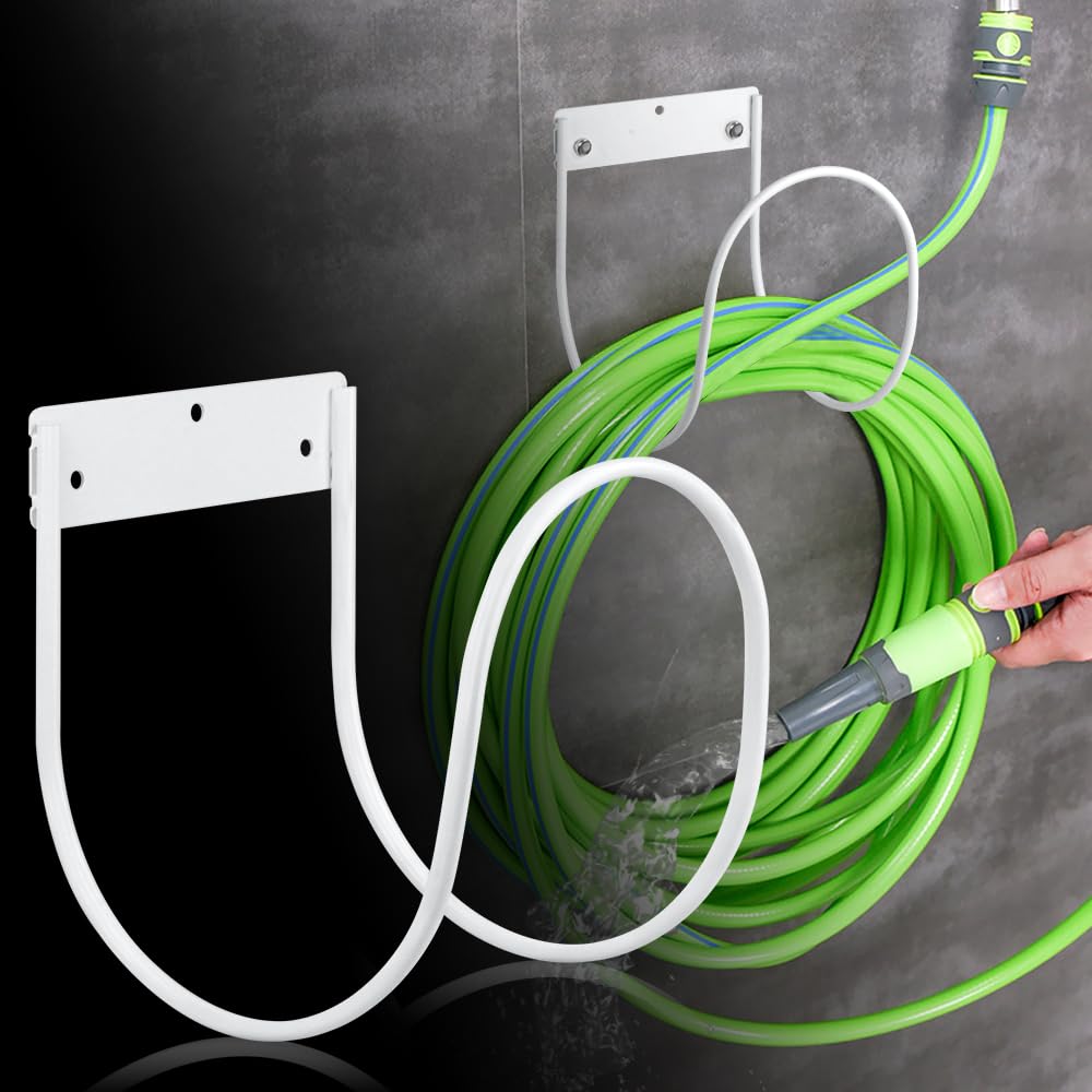 Flymer White Wall Mount Garden Hose Holder - Set of 2 | Heavy Duty Outdoor Hose Hanger for Yard, Lawn & Garden Watering | Perfect for Organizing Garden Tools & Keeping Hoses Tangle-Free