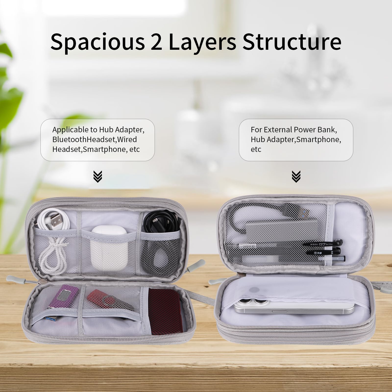 JIAKAI Double Layer Grey Travel Cable Organizer Bag - Universal Electronics Accessories Storage for Chargers, Phones & Cables - Perfect for Business Trips, Vacations & Daily Commute