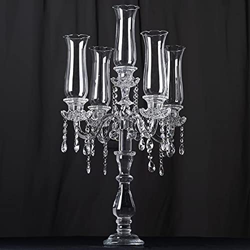 32-Inch Clear 5-Arm Crystal Glass Candelabra Hurricane Taper Candle Holder - Elegant Wedding Centerpiece, Party Decor, Holiday Table Setting, Romantic Dinner Lighting for Home & Event Decorations