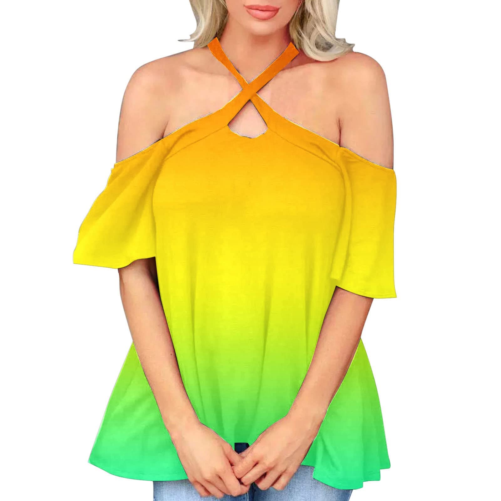Sexy Women's Summer Halter Neck Off Shoulder Short Sleeve Printed Tunic Top - Elegant Casual Blouse for Beach, Party & Vacation Gifts