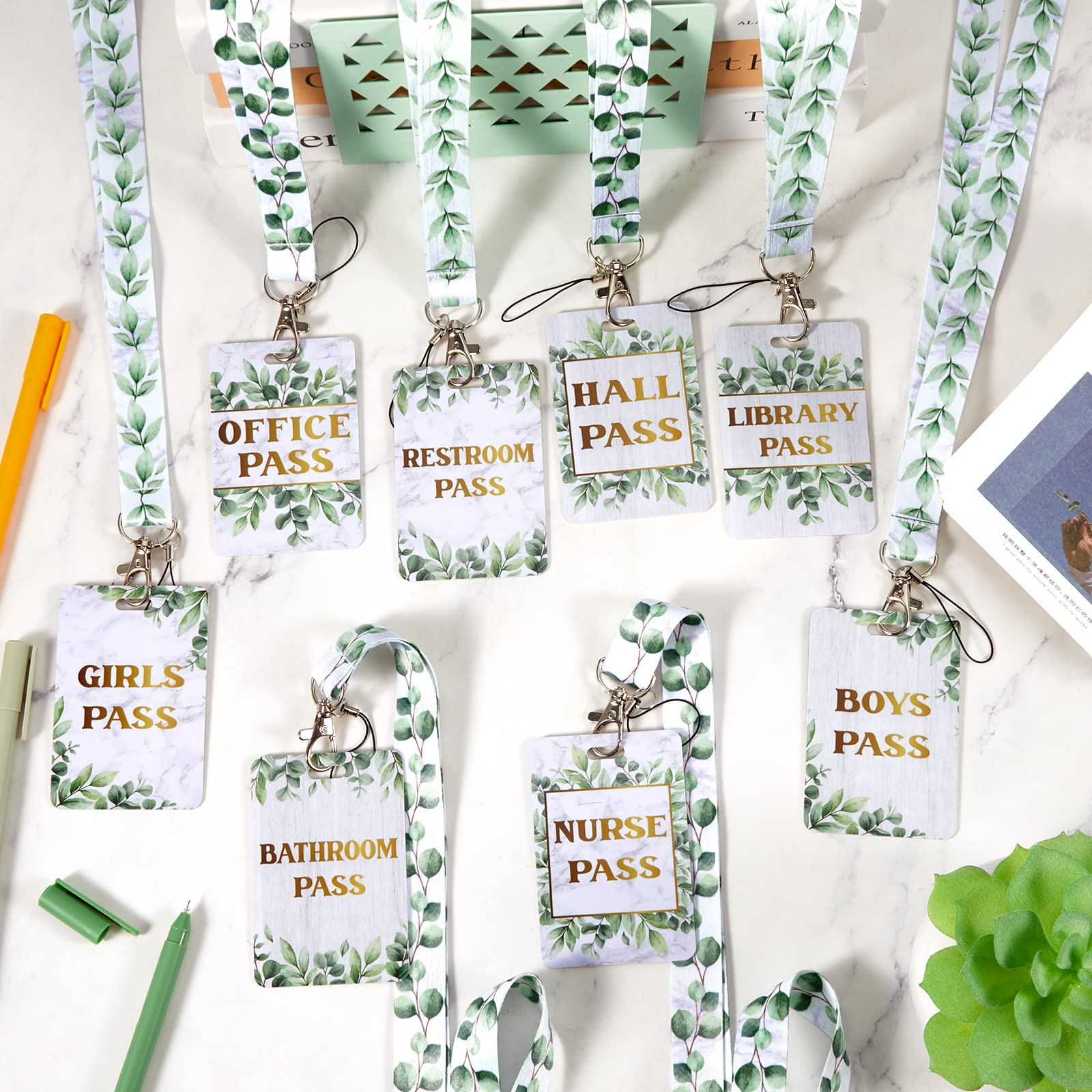 Unbreakable 8-Pack School Lanyards - Eucalyptus Style for Classroom, Bathroom & Office Use