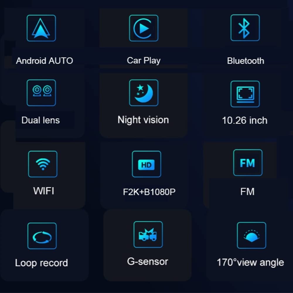 10.26 Inch Wireless CarPlay Monitor with Bluetooth & Android Auto - 2K+1080P Dual Camera Car DVR with HD Backup Display - Perfect for Safe Driving & Parking Assistance