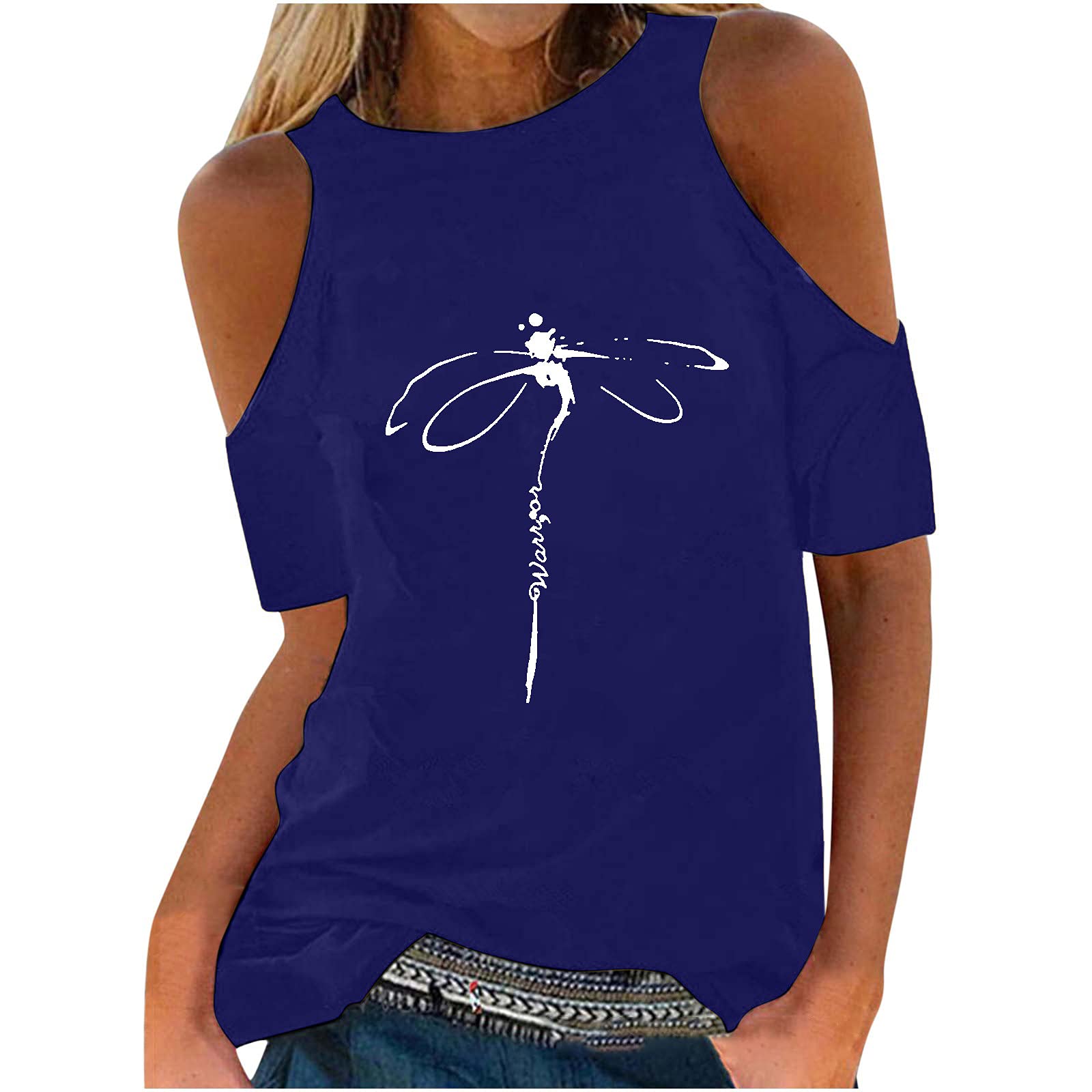 Women's Summer Cold Shoulder Short Sleeve T-Shirt - Loose Fit Crewneck Blouse with Dragonfly Print | Casual Fashion Top for Beach, Vacation & Everyday Wear