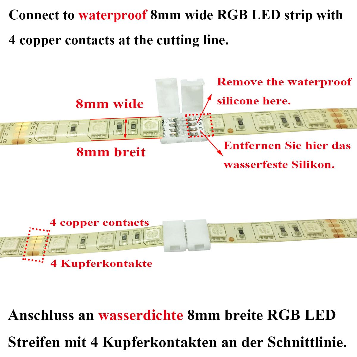 10Pcs 4-Pin RGB LED Strip Connectors - Solderless Quick Connect for 8mm Wide SMD 2835/3528 LED Light Strips - Waterproof LED Ribbon Adapter for Home Theater, Gaming PC & DIY Lighting Projects