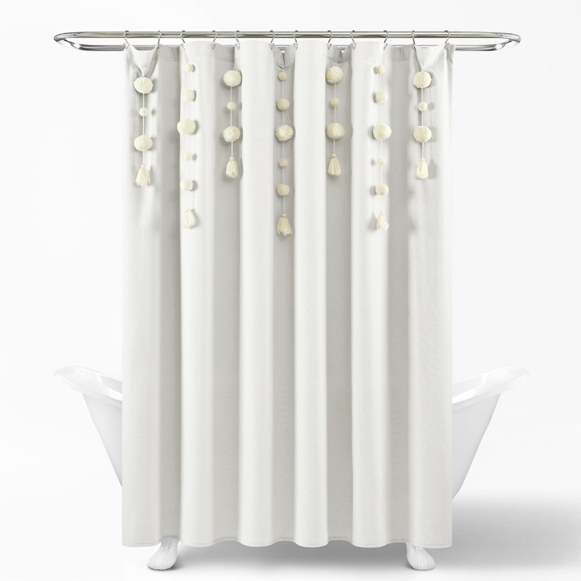 Boho Pom Pom Tassel Faux Linen Shower Curtain - Waterproof Bathroom Decor for Bohemian Style, Farmhouse & Coastal Homes (72x72 Inches) - Perfect for Master Bath, Guest Bath & Kids' Bathroom