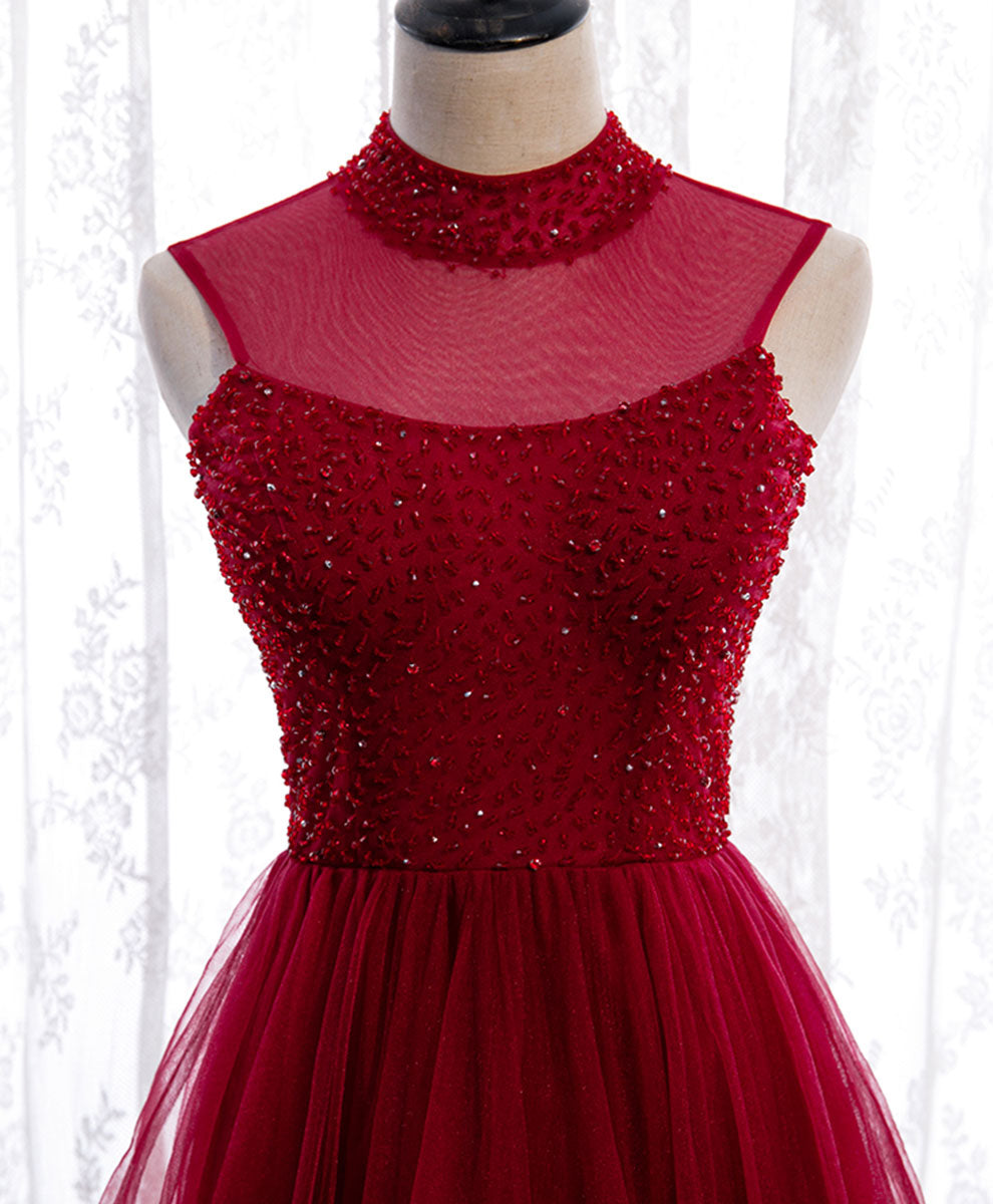 Elegant Burgundy High Neck Tulle Sequin Beaded Long Evening Gown for Women - Perfect for Prom, Gala, Wedding & Formal Events